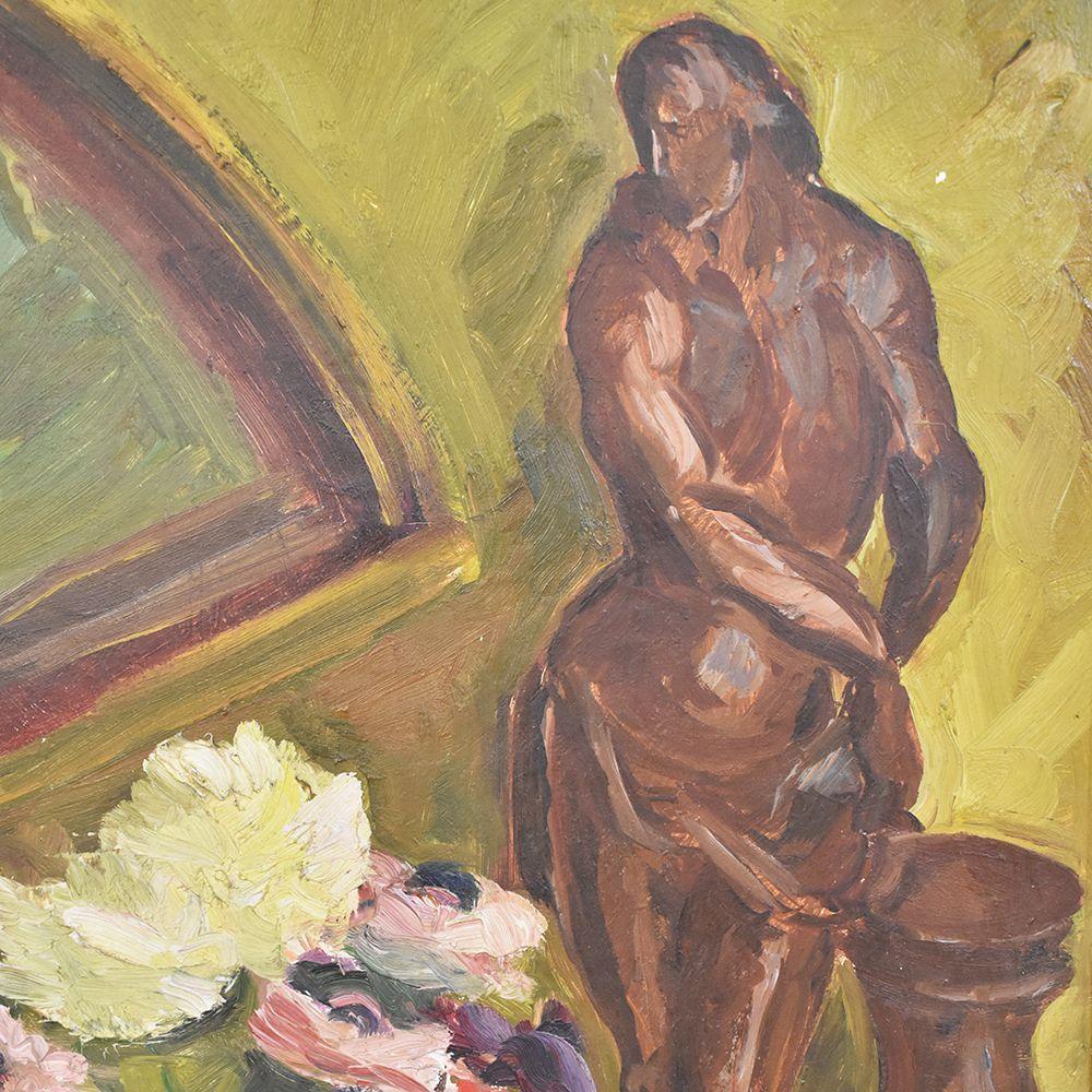 French Still Life Paintings, Oil On Board, Fan And Vase Of Anemones, 20th century. For Sale