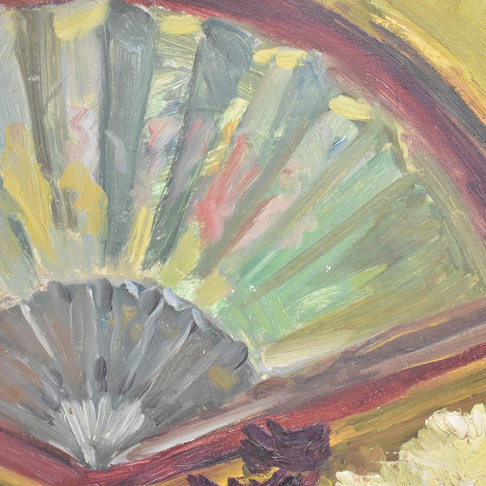 Oiled Still Life Paintings, Oil On Board, Fan And Vase Of Anemones, 20th century. For Sale