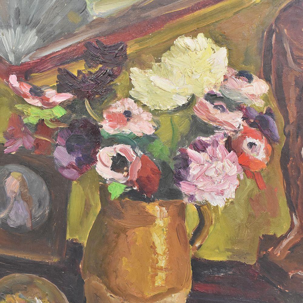 Still Life Paintings, Oil On Board, Fan And Vase Of Anemones, 20th century. In Good Condition For Sale In Breganze, VI