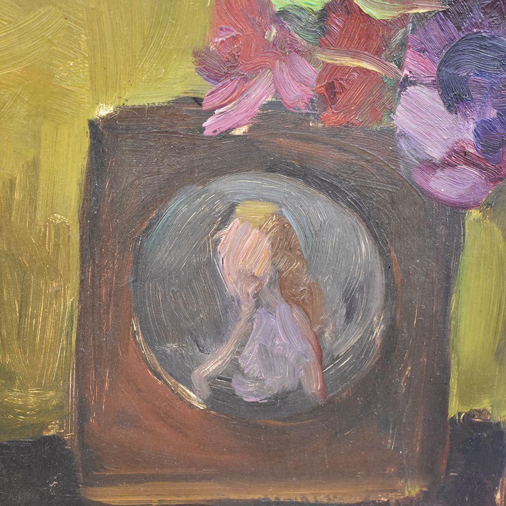 Wood Still Life Paintings, Oil On Board, Fan And Vase Of Anemones, 20th century. For Sale