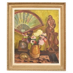 Pinturas de bodegones, Óleo sobre tabla, Abanico y jarrón de anémonas, siglo XX.