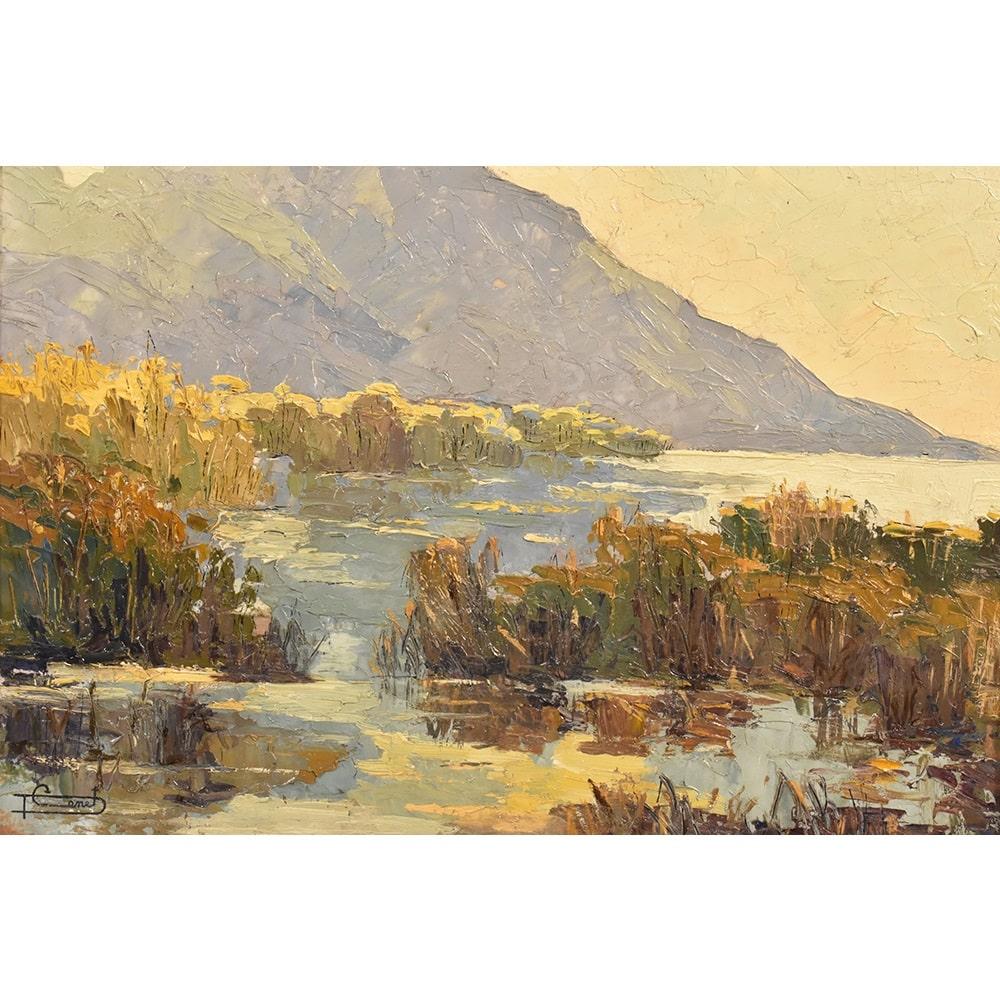 The category Antique Landscape Paintings, Art Deco, features an Oil Painting on pressed cardboard from the early twentieth century.

It is a bright landscape with a lake.

The painting is signed at lower left P. Genet (1890-1983), French painter of