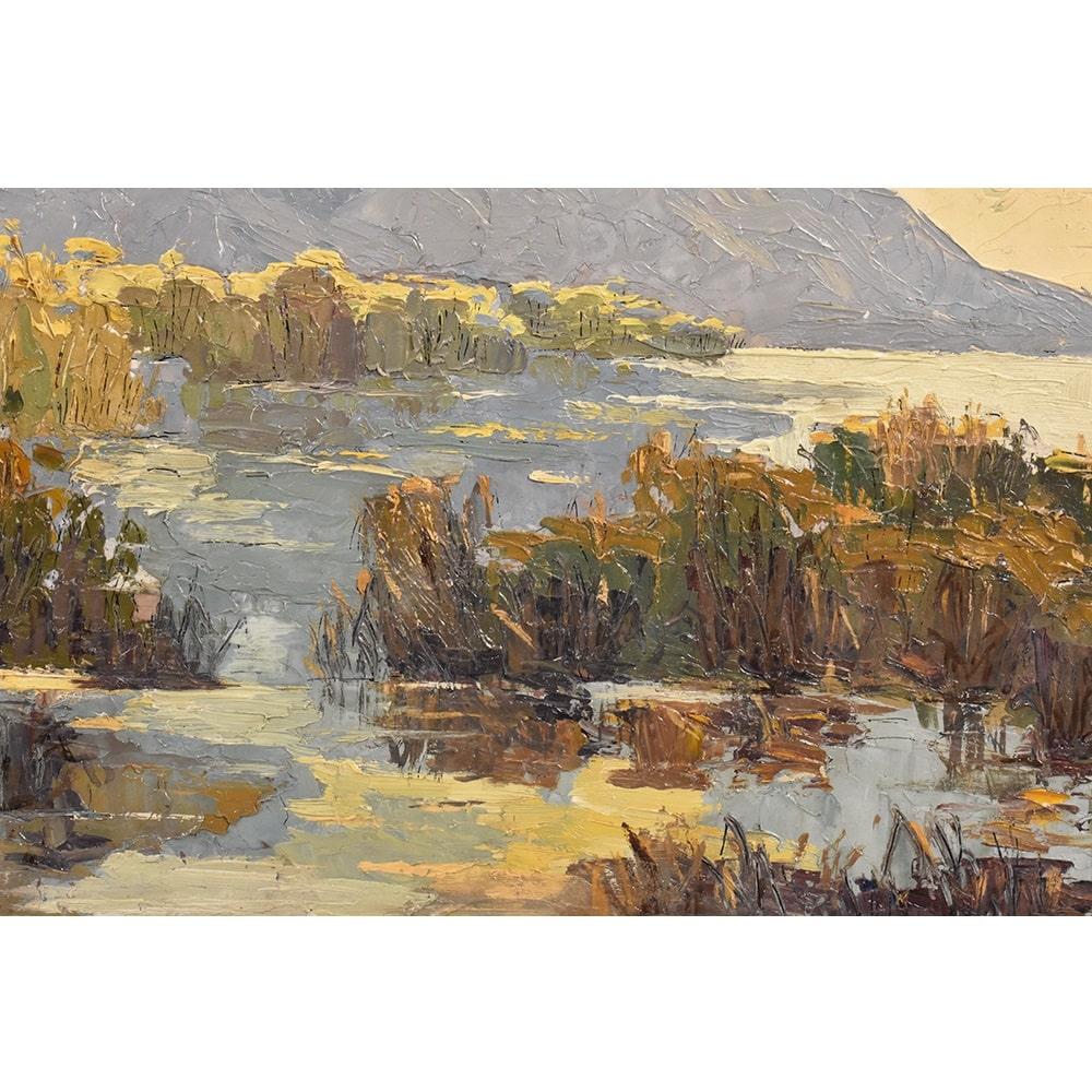 Oiled Landscape Paintings With Lake, Art Deco, Oil On Cardboard, Early Twentieth Century. For Sale