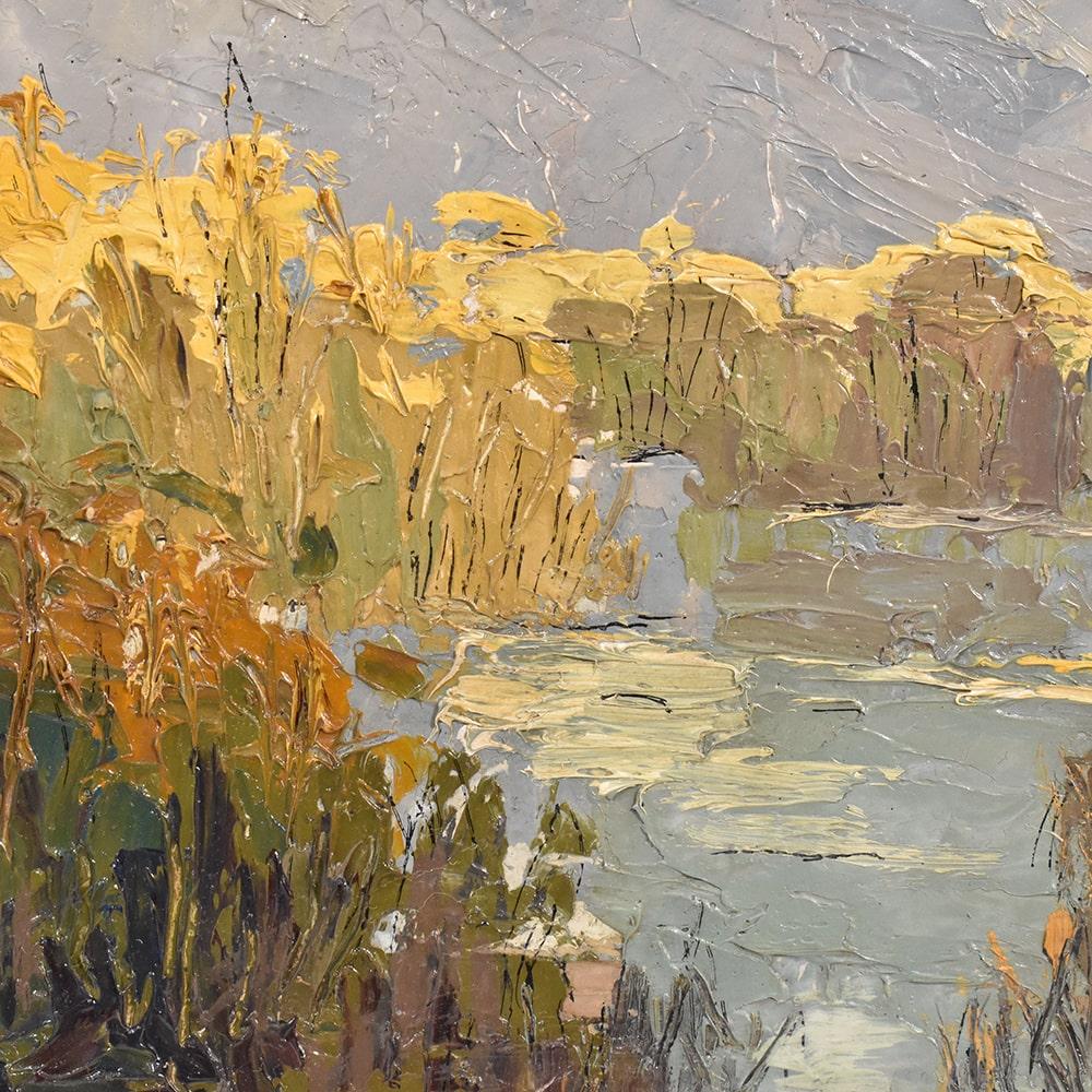 Landscape Paintings With Lake, Art Deco, Oil On Cardboard, Early Twentieth Century. In Good Condition For Sale In Breganze, VI