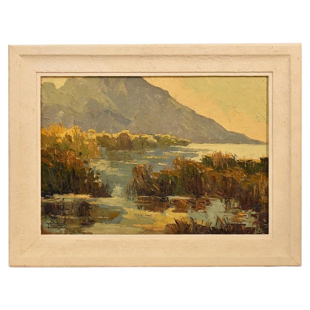 Landscape Paintings With Lake, Art Deco, Oil On Cardboard, Early Twentieth Century. For Sale