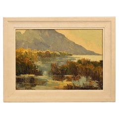 Pinturas de Paisajes con Lago, Art Deco, Óleo sobre Cartón, Principios del Siglo XX.