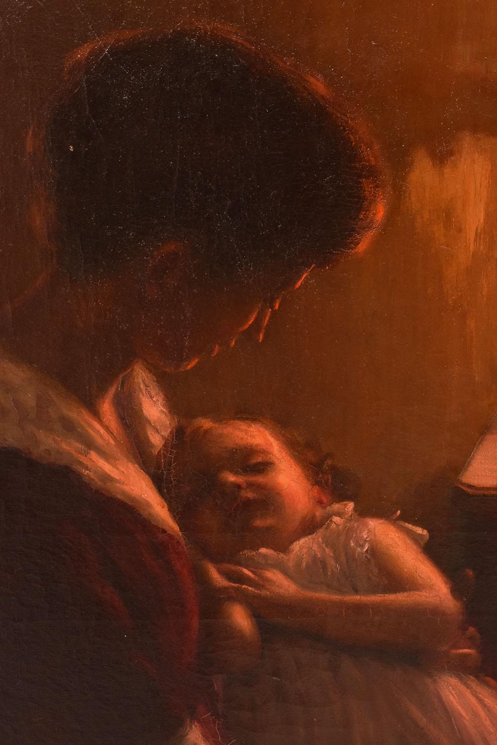 Oiled Portrait Paintings, Young Woman With Child, Motherhood, Intimate Family Scene. For Sale