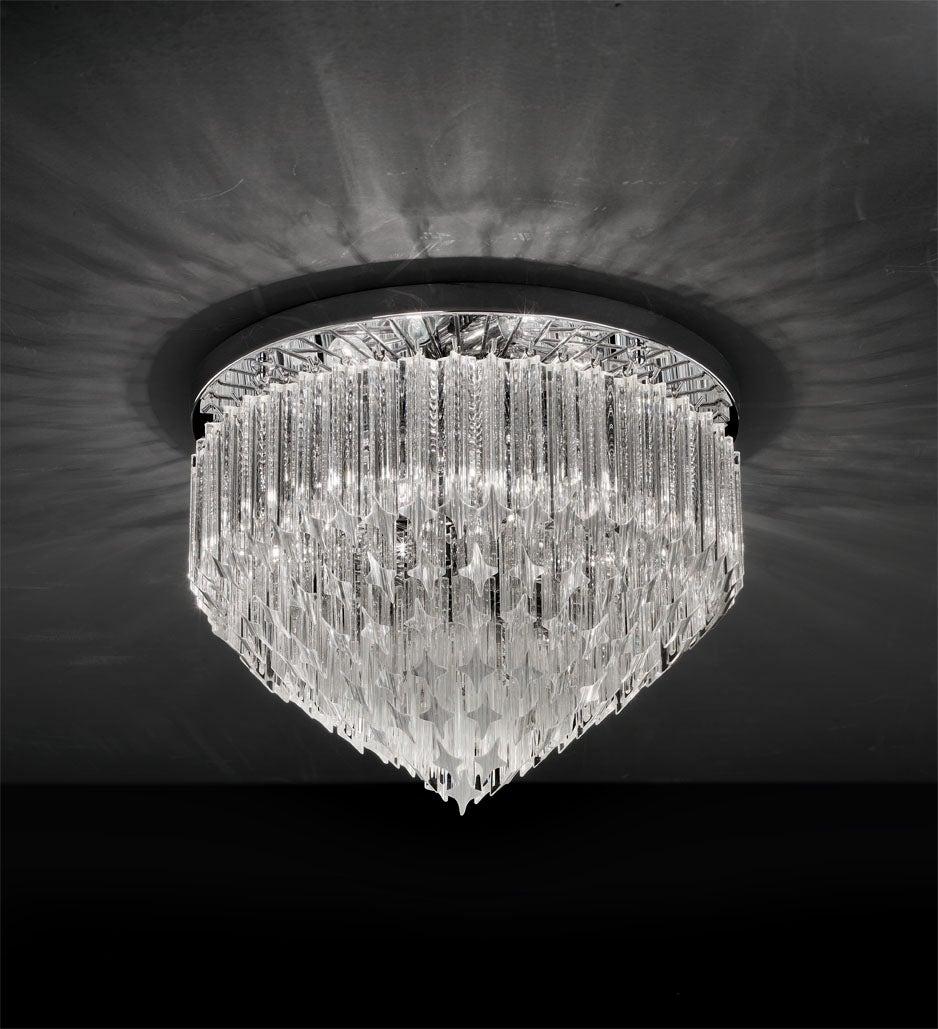 Lampadario a incasso o lampadario italiano con vetri di Murano trasparenti tagliati con la tecnica Quadriedri disposti a strati su una struttura in metallo cromato di Fabio Ltd / Ispirato a Venini / Made in Italy
6 luci / tipo E12 o E14 / max 40W