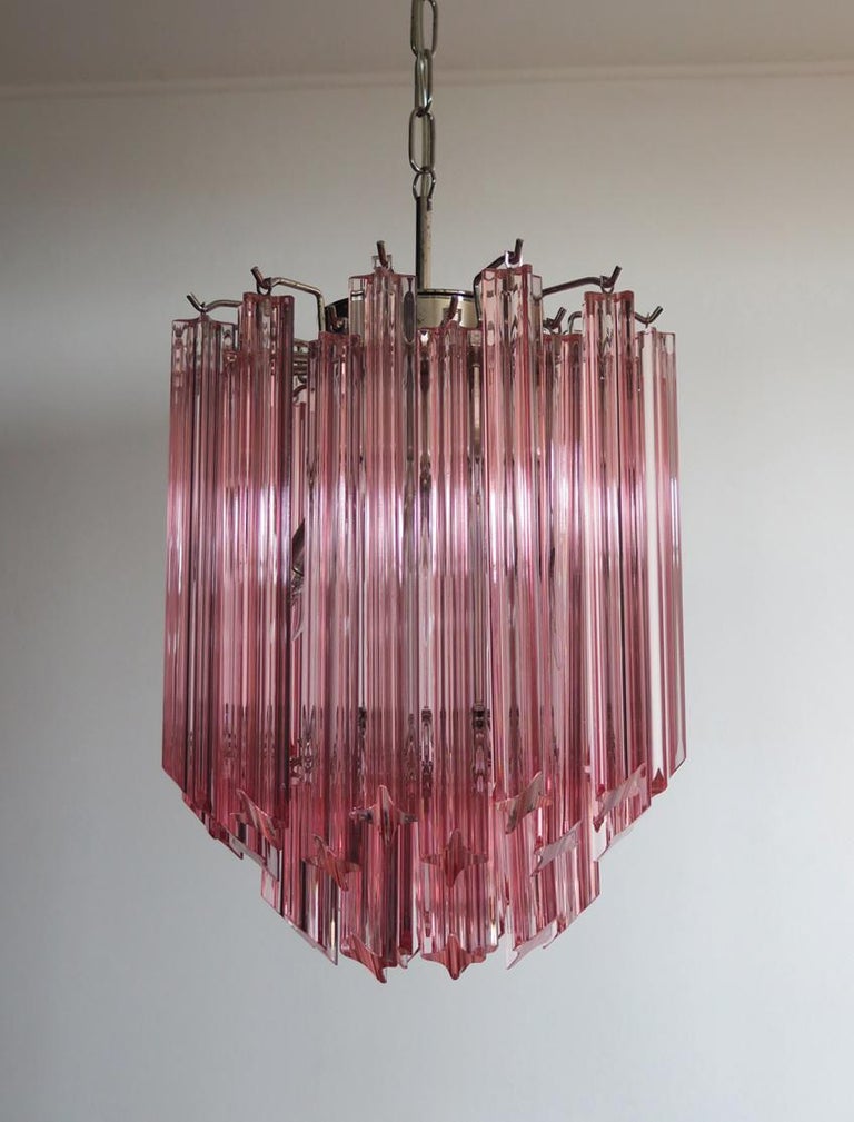 Fantastic vintage Murano chandelier made by 47 Murano pink crystal prism 