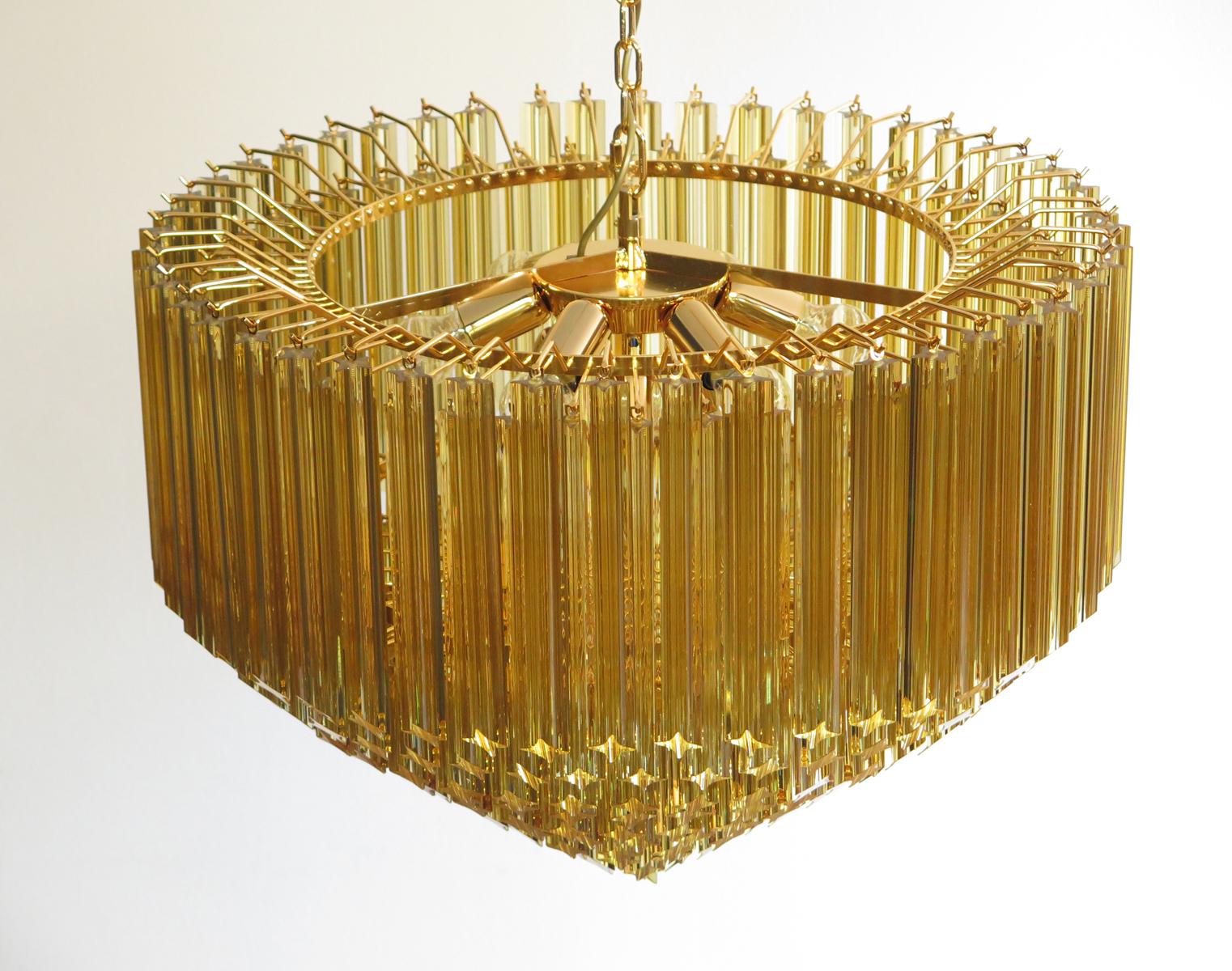Metal Quadriedri Murano Glass Chandelier, 265 Amber Prism, Gold Frame For Sale