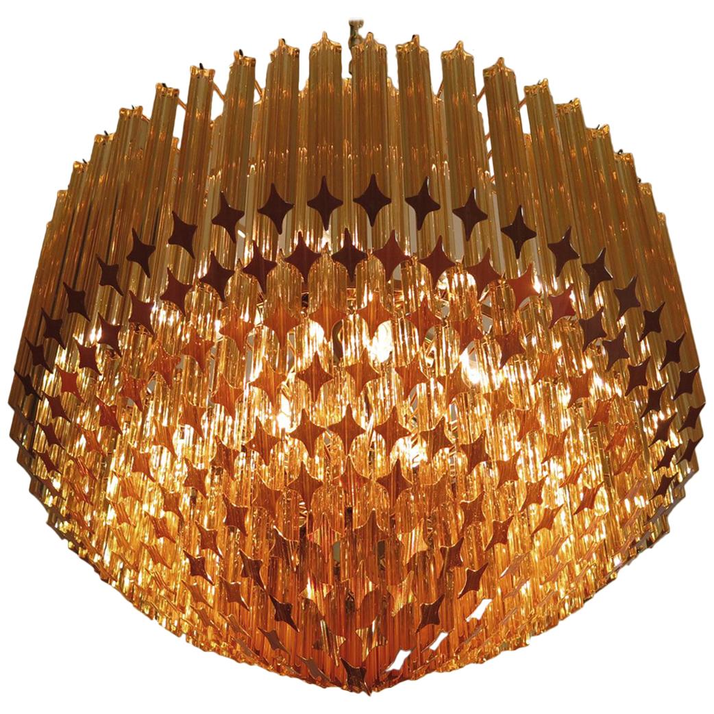 Quadriedri Murano Glass Chandelier, 265 Amber Prism, Gold Frame For Sale