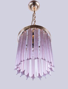 Quadriedri Pink Murano Glass Prism & Brass Pendant Chandelier, Venini Italy 1970