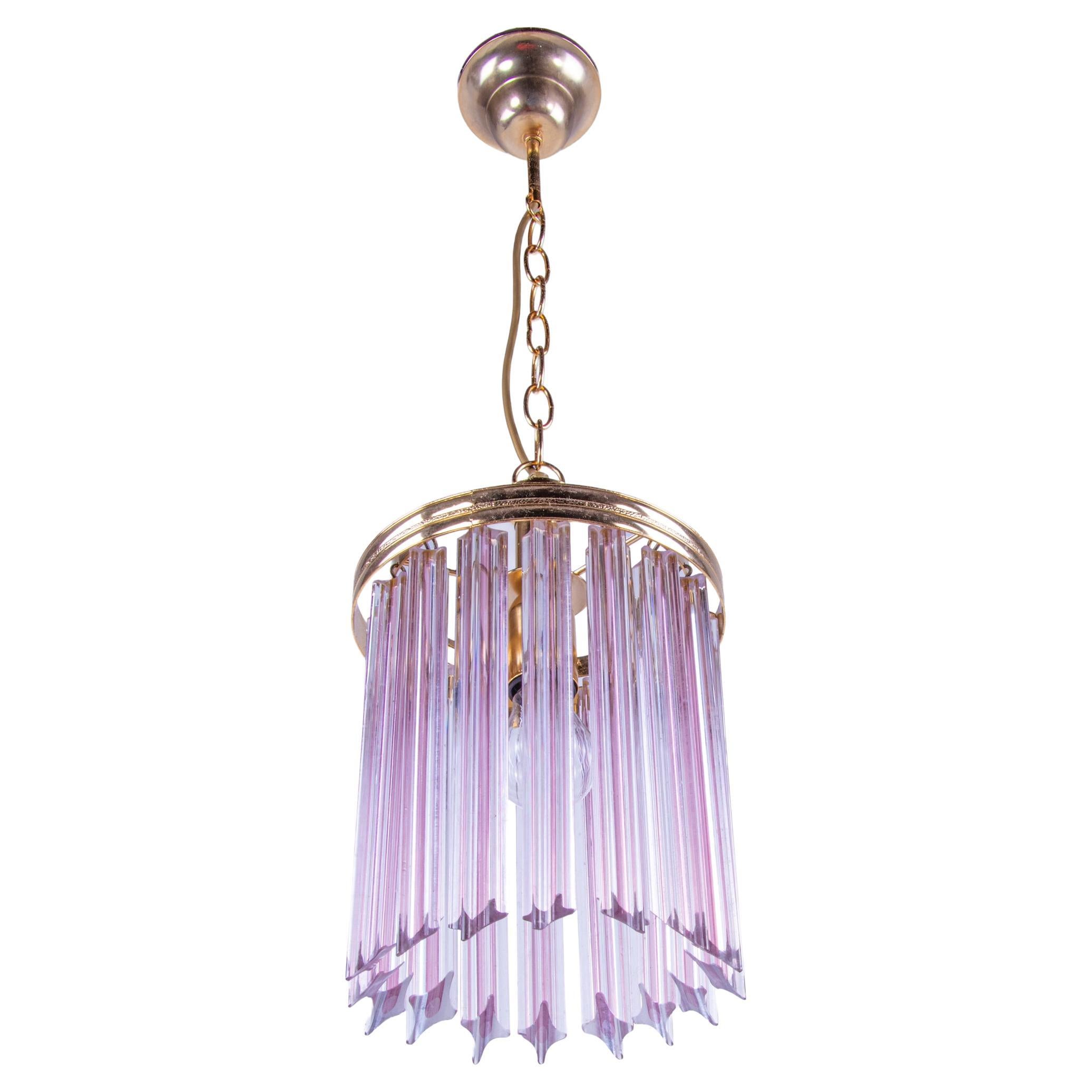 Quadriedri Pink Murano Glass Prism & Brass Pendant Chandelier, Venini Italy 1970