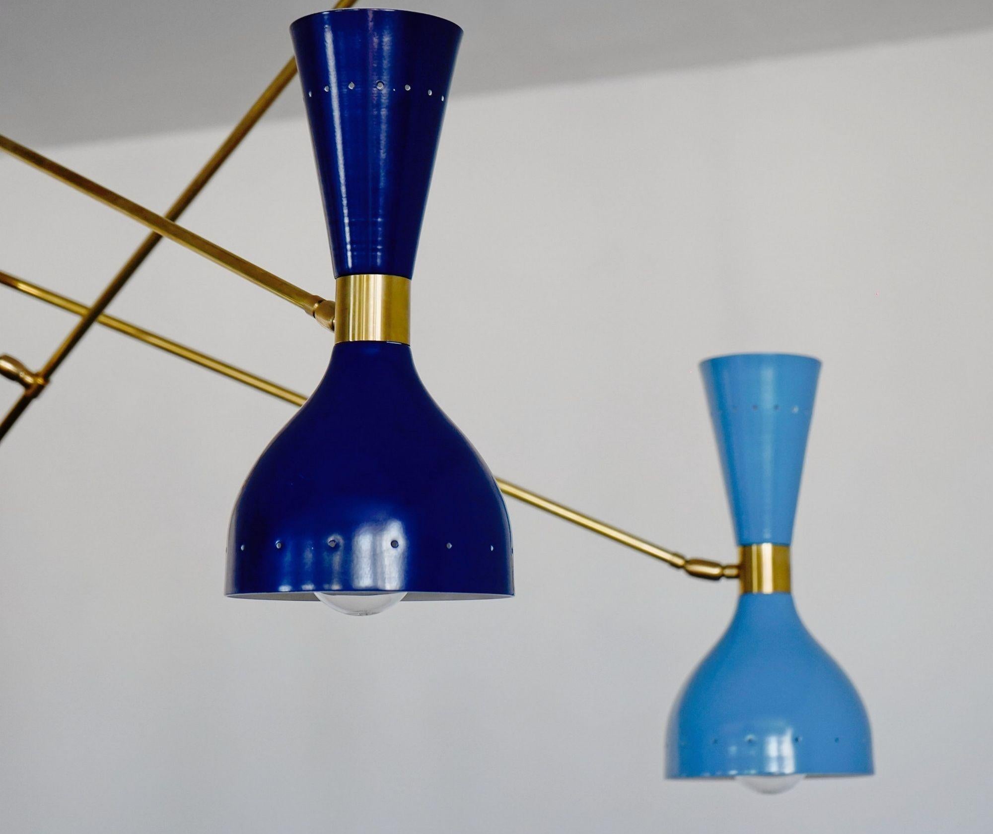 Quadriennale 4 Arms Brass Chandelier, Twin Shades, Contrappeso, 4 Hues of Blue For Sale 5