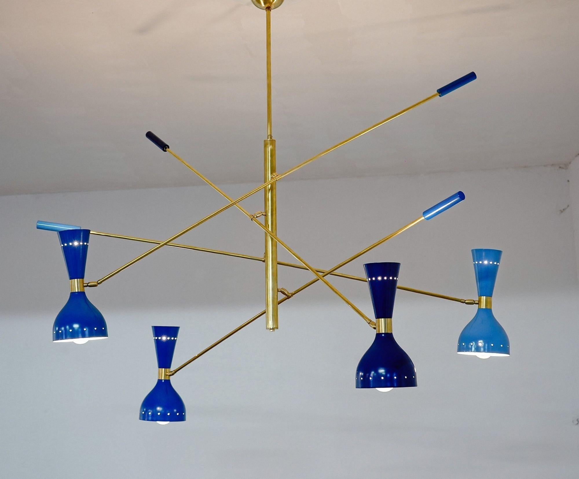 Quadriennale 4 Arms Brass Chandelier, Twin Shades, Contrappeso, 4 Hues of Blue For Sale 6