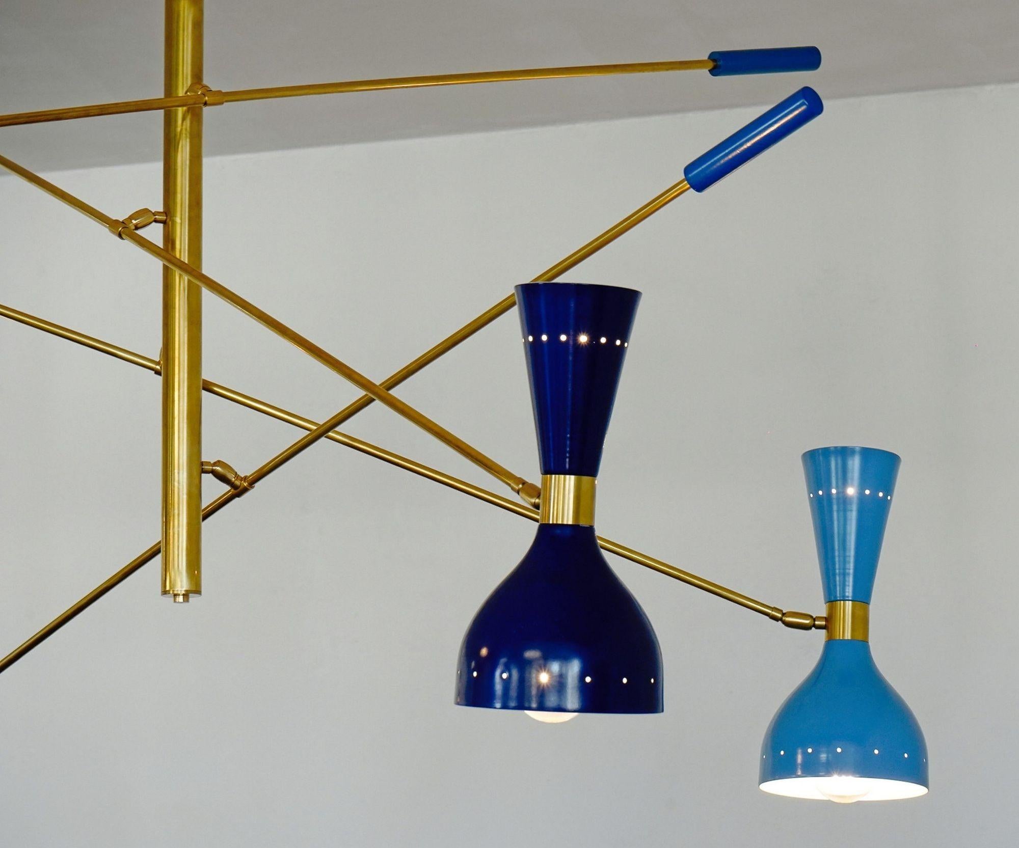 Quadriennale 4 Arms Brass Chandelier, Twin Shades, Contrappeso, 4 Hues of Blue For Sale 7