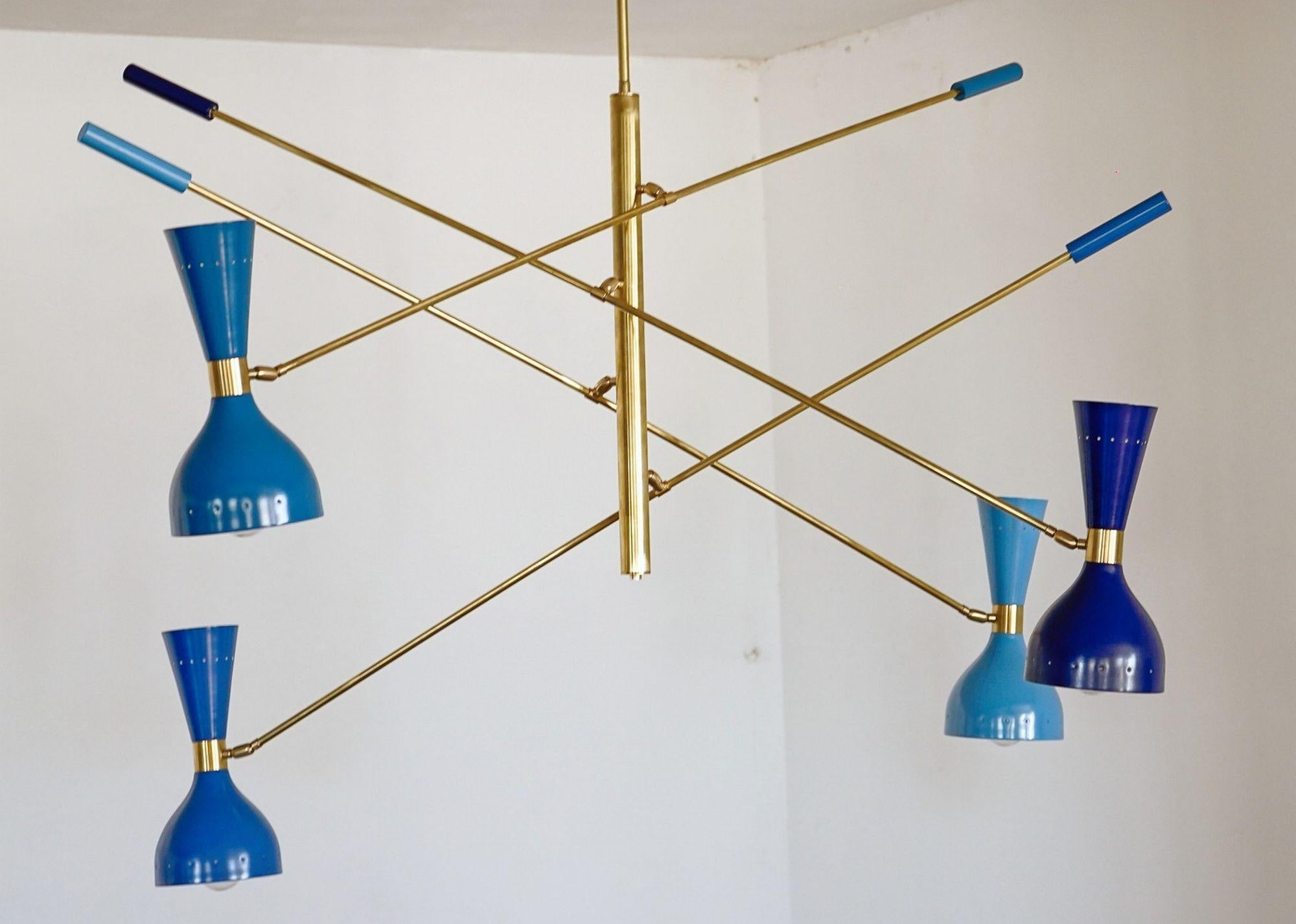 Quadriennale 4 Arms Brass Chandelier, Twin Shades, Contrappeso, 4 Hues of Blue For Sale 8