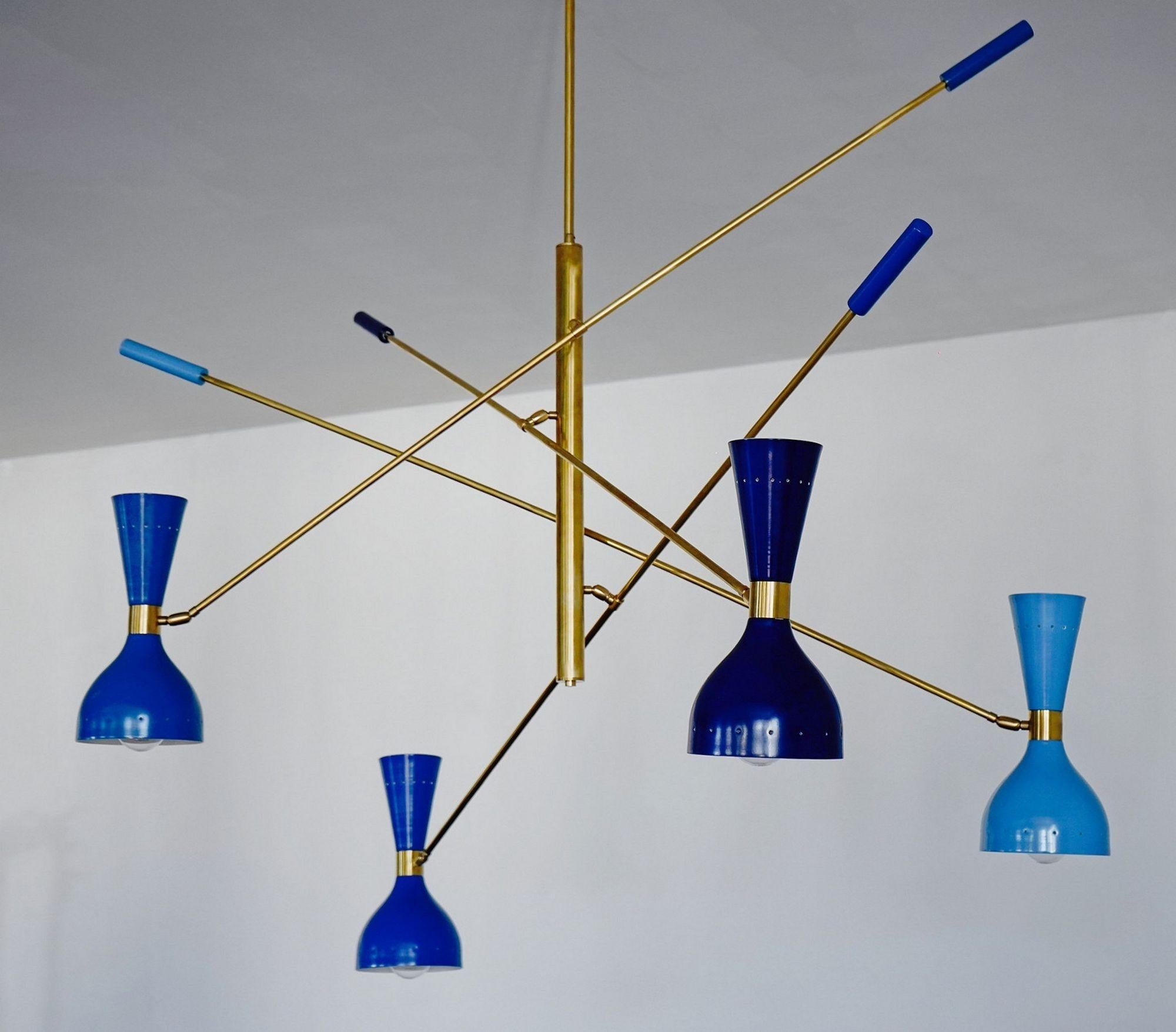 Quadriennale 4 Arms Brass Chandelier, Twin Shades, Contrappeso, 4 Hues of Blue For Sale 9