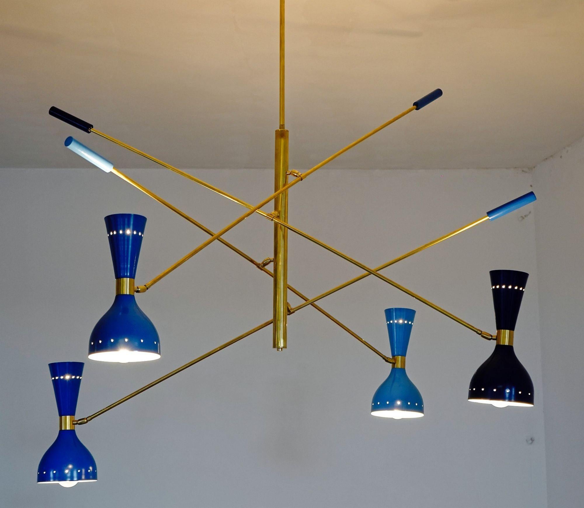 Quadriennale 4 Arms Brass Chandelier, Twin Shades, Contrappeso, 4 Hues of Blue For Sale 10