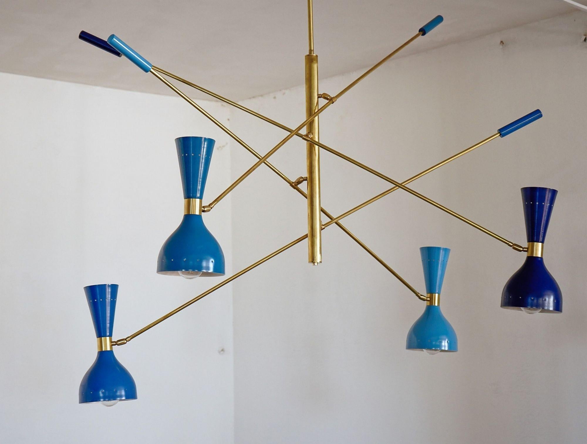 Quadriennale 4 Arms Brass Chandelier, Twin Shades, Contrappeso, 4 Hues of Blue For Sale 11