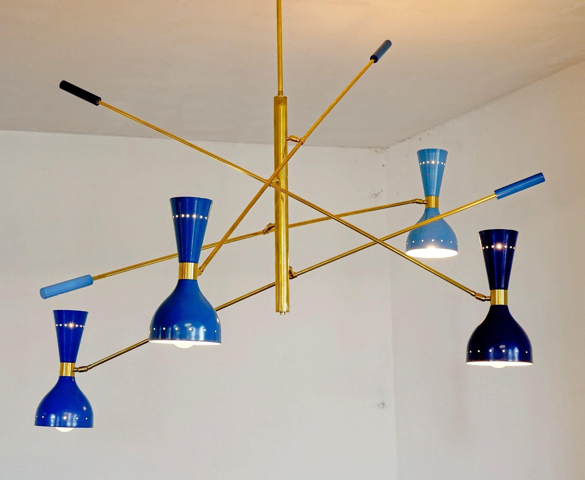 Quadriennale 4 Arms Brass Chandelier, Twin Shades, Contrappeso, 4 Hues of Blue For Sale 12