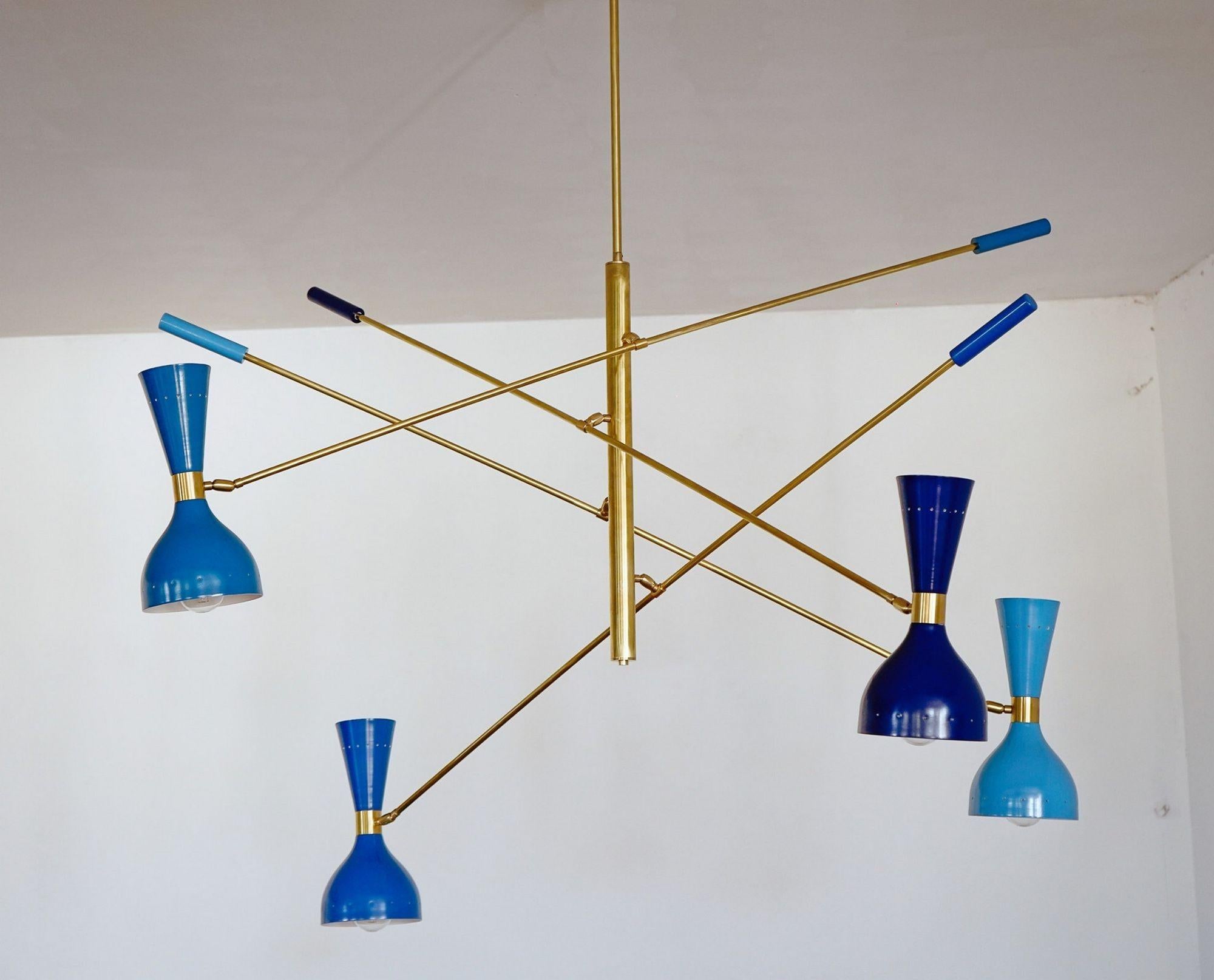 Quadriennale 4 Arms Brass Chandelier, Twin Shades, Contrappeso, 4 Hues of Blue For Sale 13