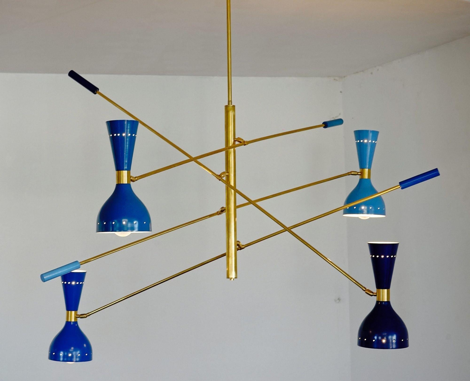 Quadriennale 4 Arms Brass Chandelier, Twin Shades, Contrappeso, 4 Hues of Blue For Sale 14