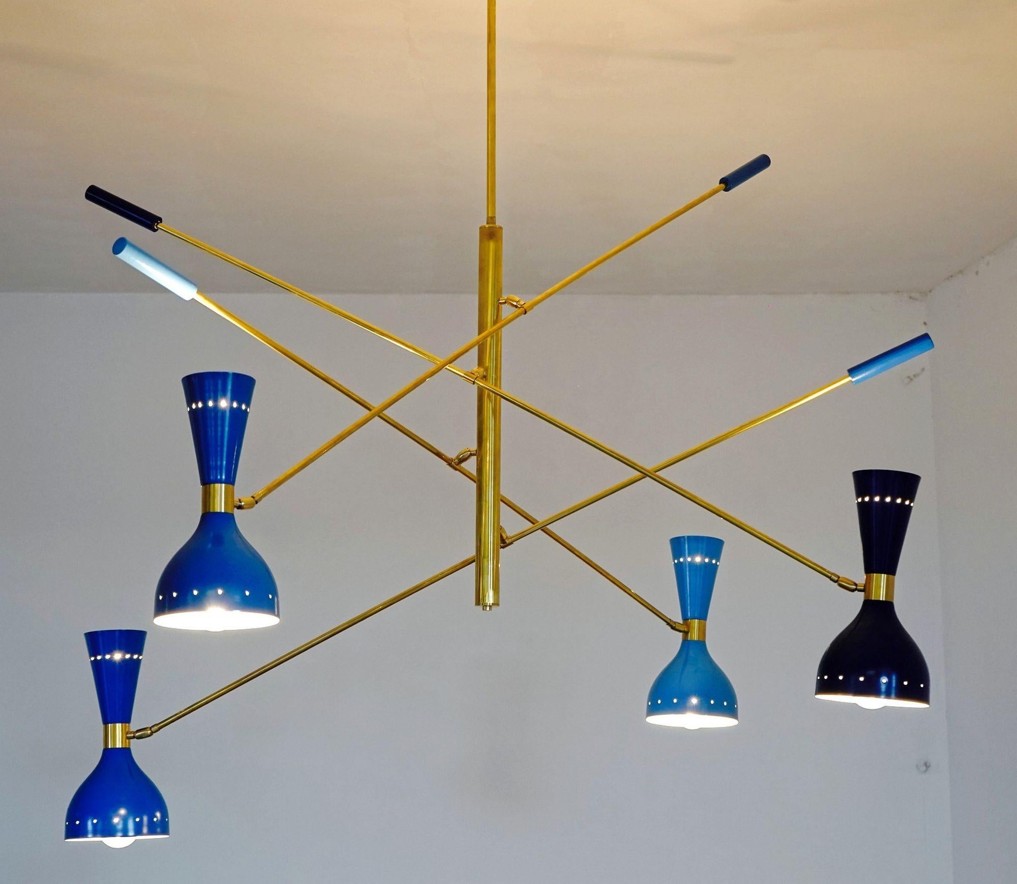 Mid-Century Modern Quadriennale 4 Arms Brass Chandelier, Twin Shades, Contrappeso, 4 Hues of Blue For Sale
