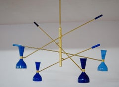 Quadriennale 4 Arms Brass Chandelier, Twin Shades, Contrappeso, 4 Hues of Blue