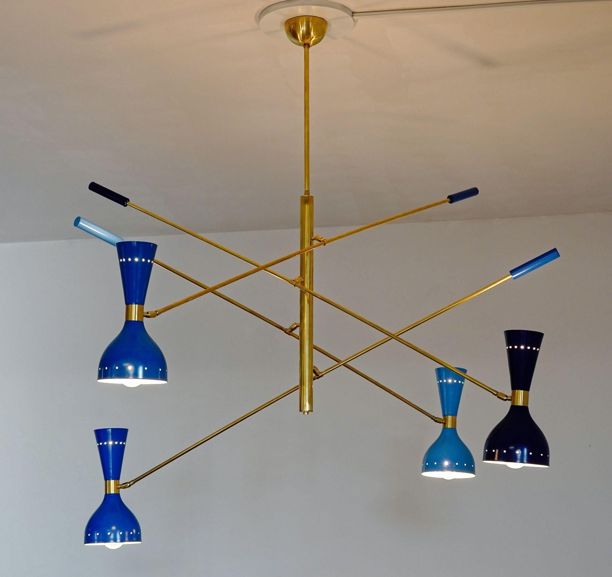Contemporary Quadriennale 4 Arms Brass Chandelier, Twin Shades, Contrappeso, 4 Hues of Blue For Sale