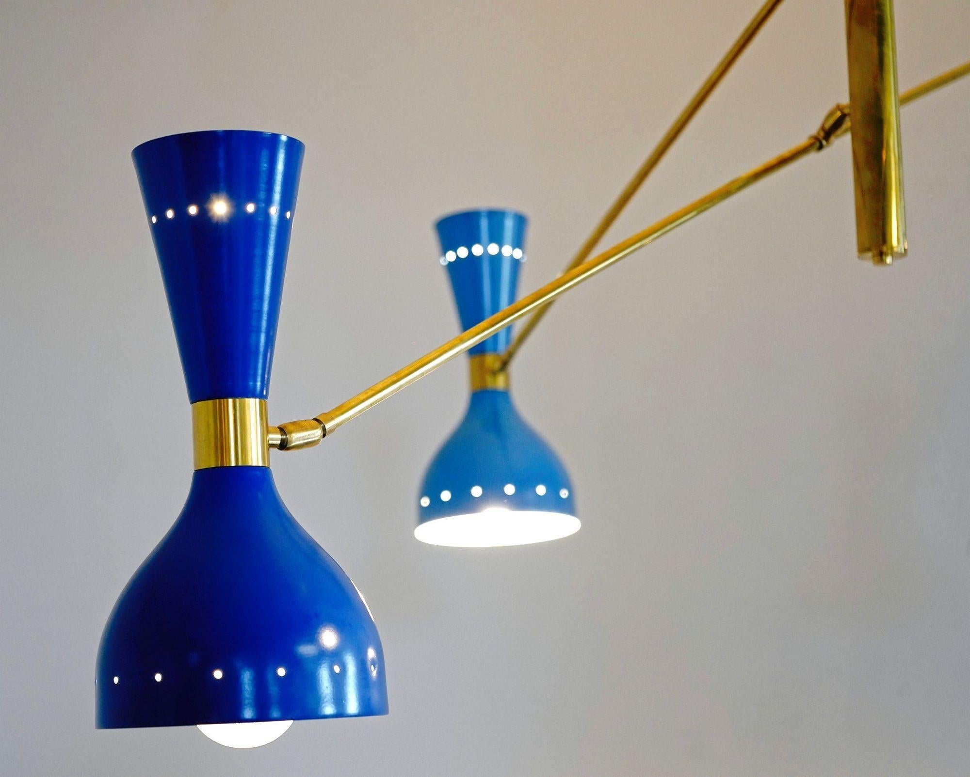 Quadriennale 4 Arms Brass Chandelier, Twin Shades, Contrappeso, 4 Hues of Blue For Sale 1