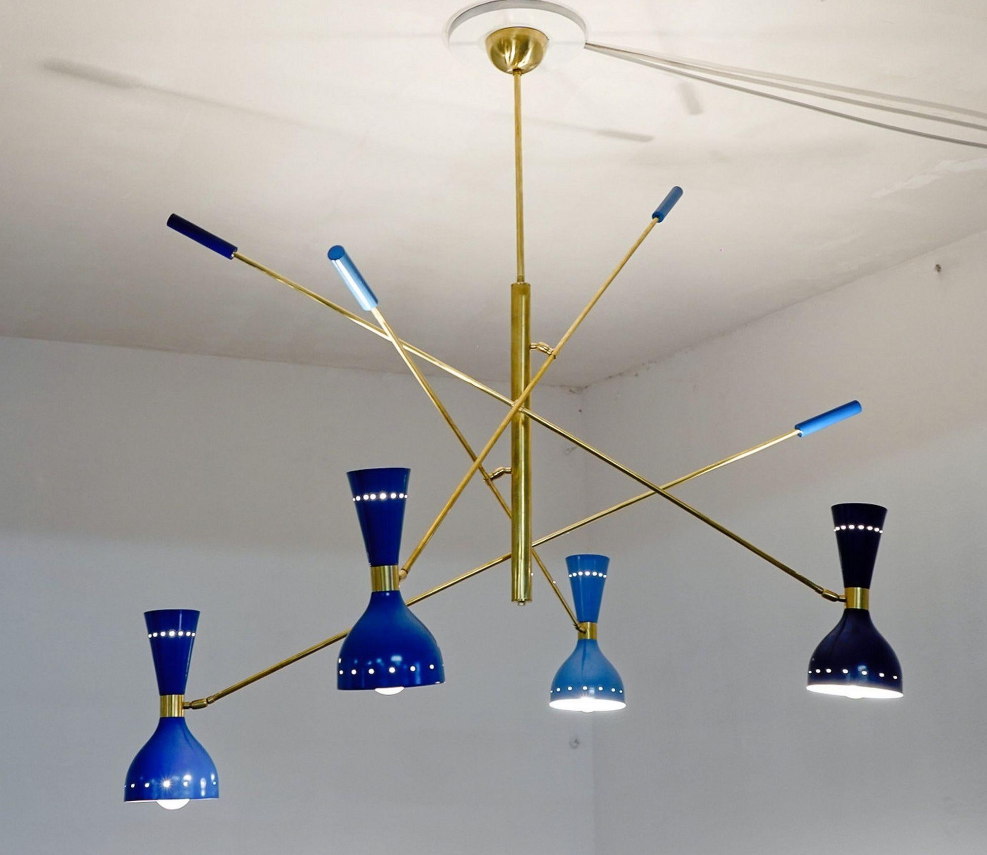 Quadriennale 4 Arms Brass Chandelier, Twin Shades, Contrappeso, 4 Hues of Blue For Sale 2
