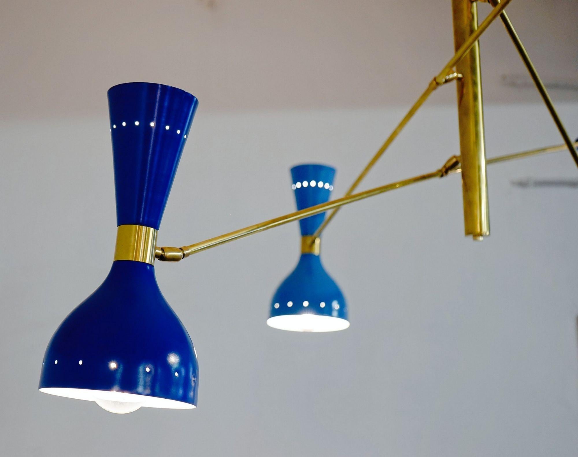 Quadriennale 4 Arms Brass Chandelier, Twin Shades, Contrappeso, 4 Hues of Blue For Sale 3