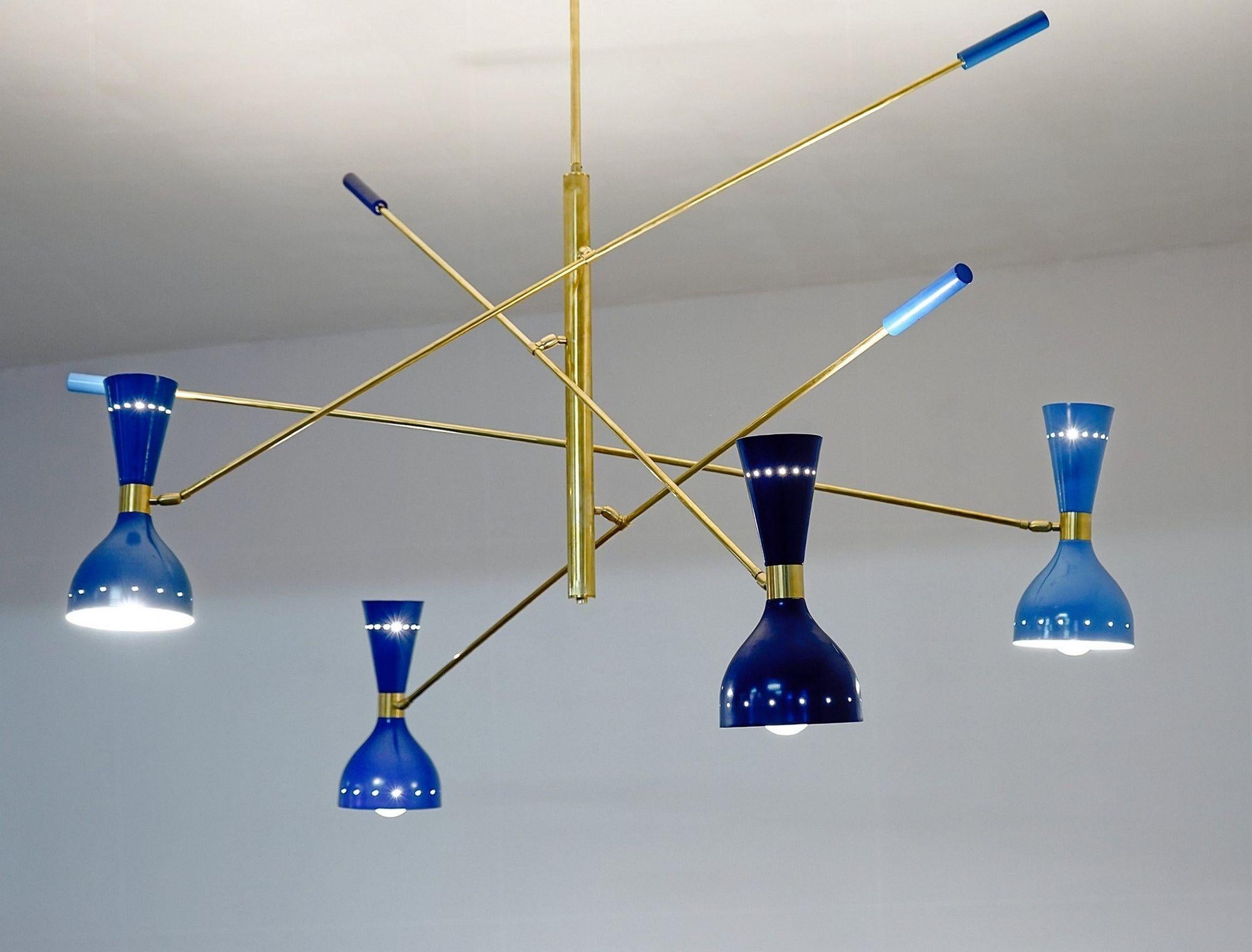 Quadriennale 4 Arms Brass Chandelier, Twin Shades, Contrappeso, 4 Hues of Blue For Sale 4