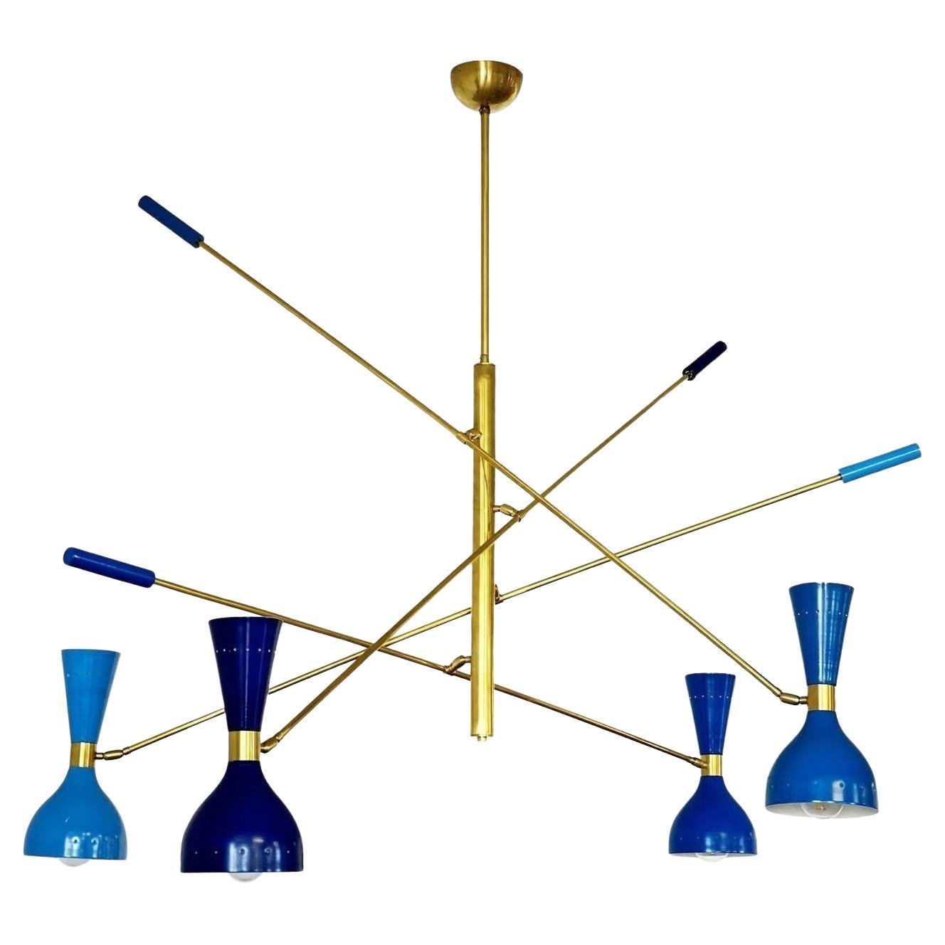 Quadriennale 4 Arms Brass Chandelier, Twin Shades, Contrappeso, 4 Hues of Blue For Sale