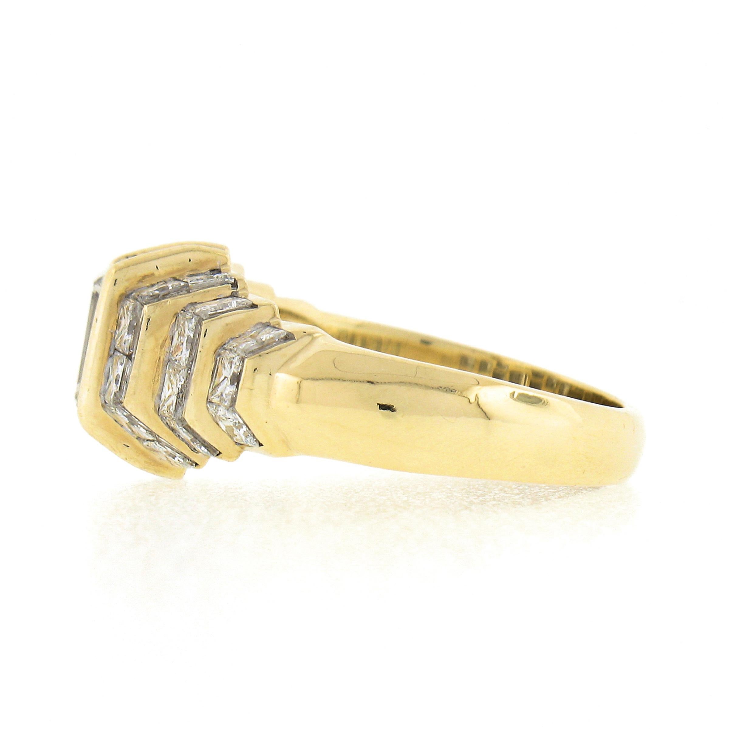 Princess Cut Quadrillion 18k Gold Emerald Cut Diamond Solitaire & Princess Pyramid Sides Ring