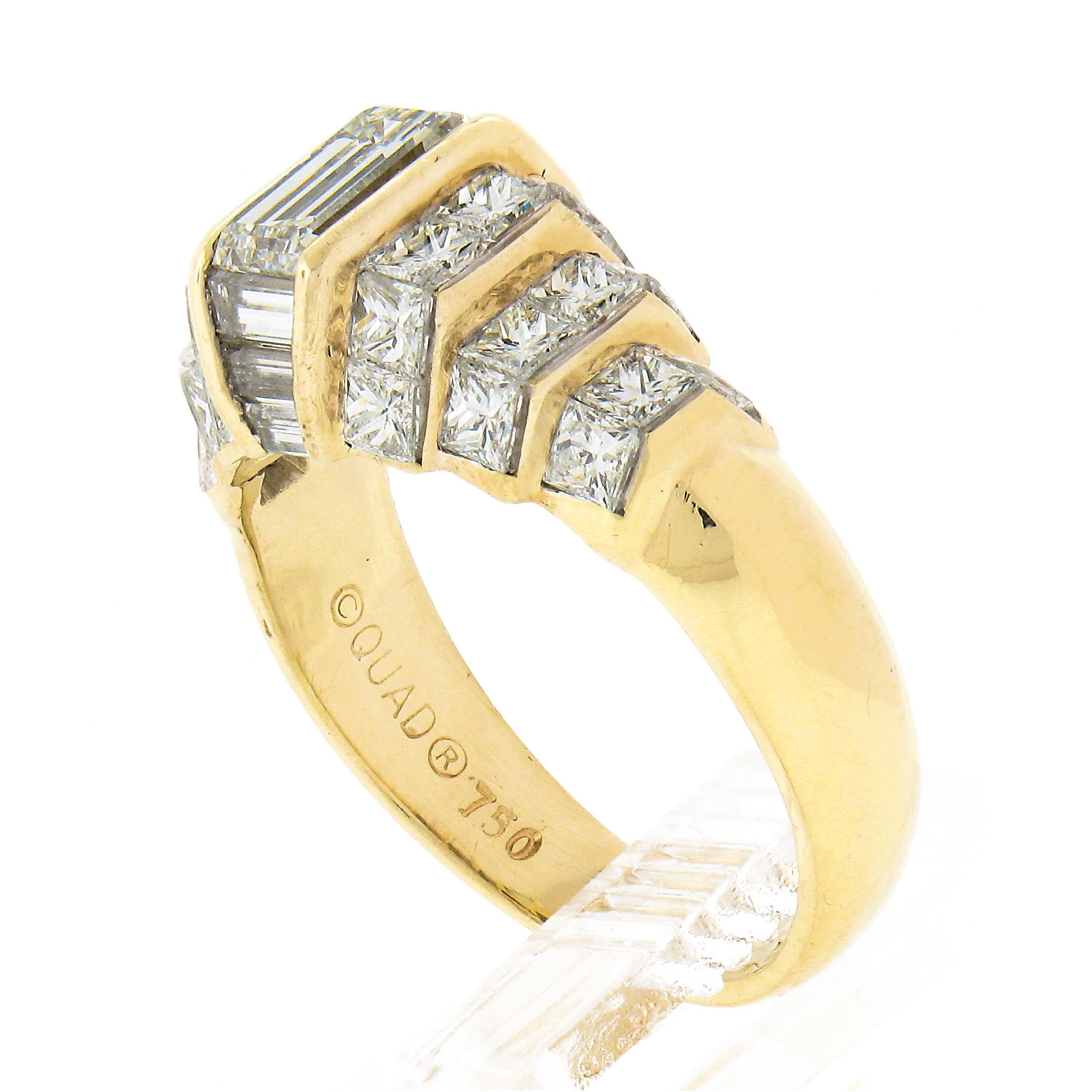 Quadrillion 18k Gold Emerald Cut Diamond Solitaire & Princess Pyramid Sides Ring 1