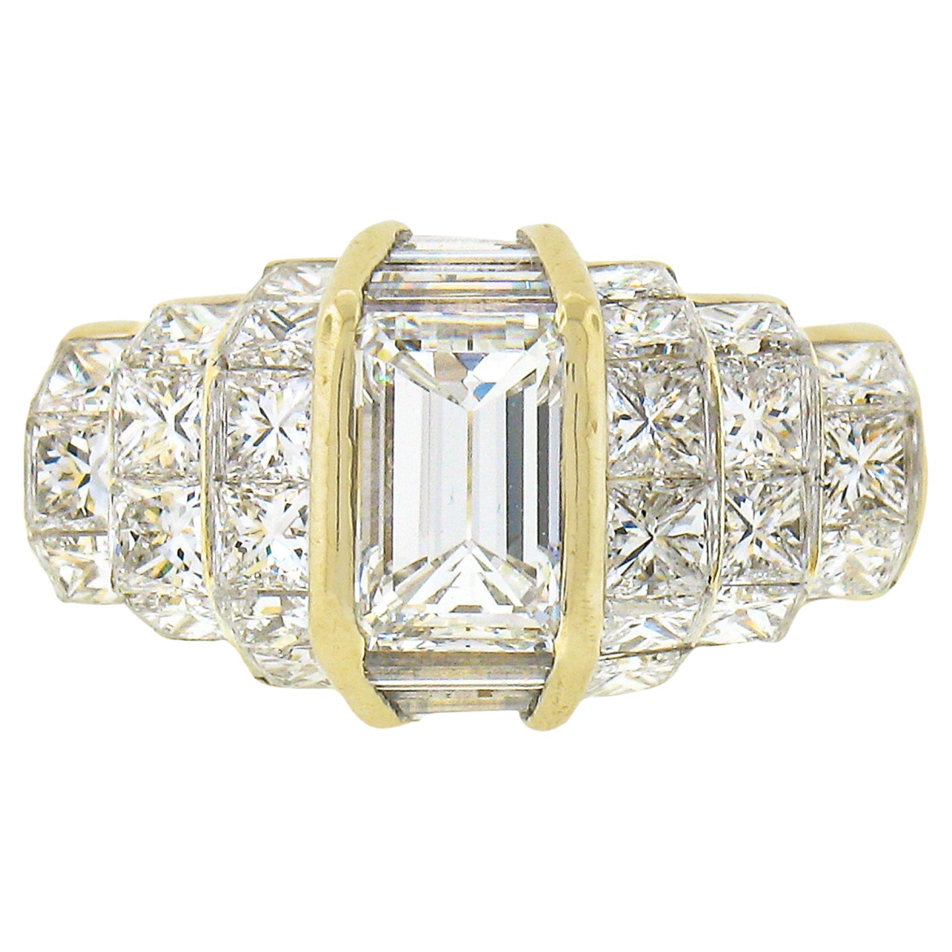 Quadrillion 18k Gold Emerald Cut Diamond Solitaire & Princess Pyramid Sides Ring