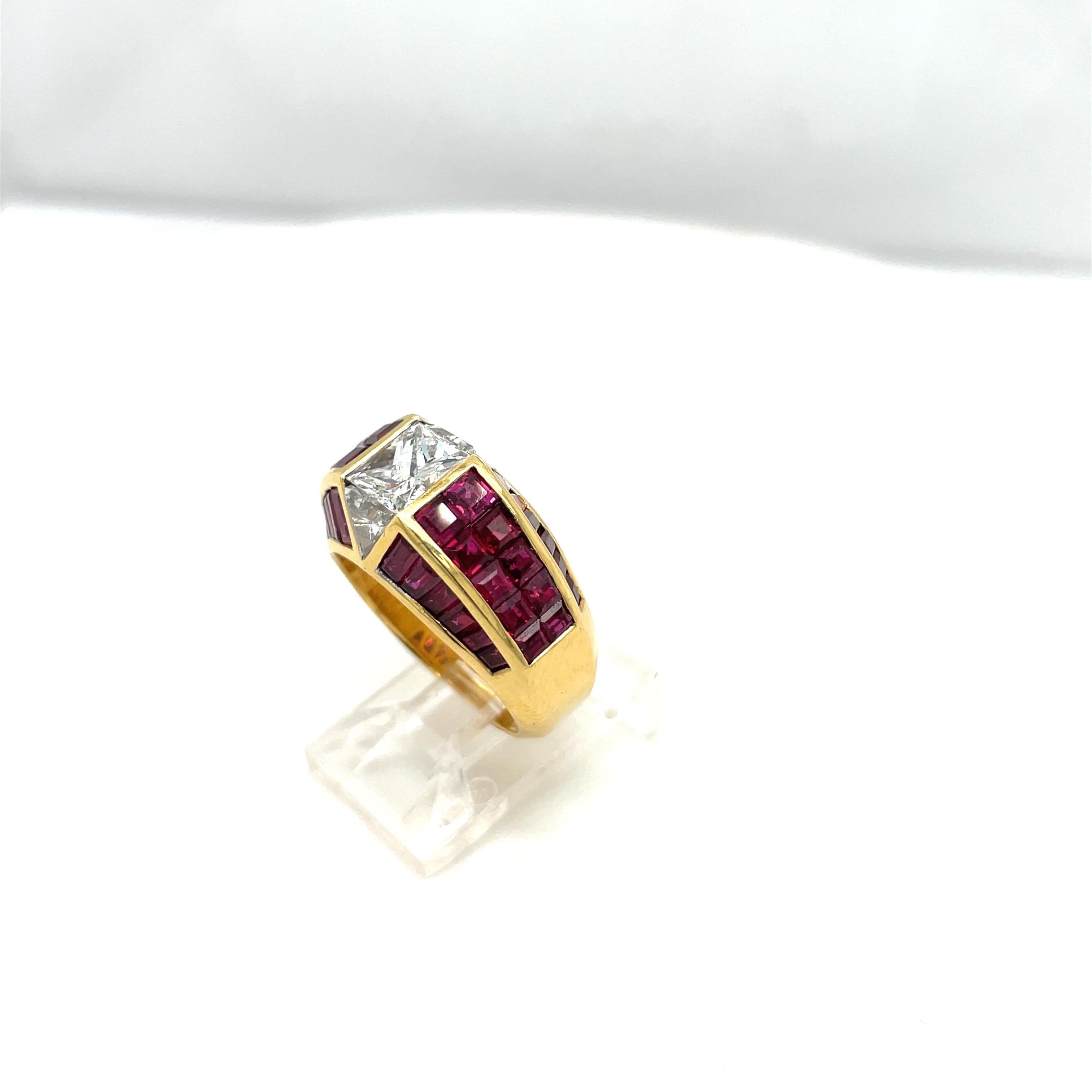 Contemporary Quadrillion Invisibly Set Diamond 1.36Ct & Ruby 4.31Ct Ring For Sale