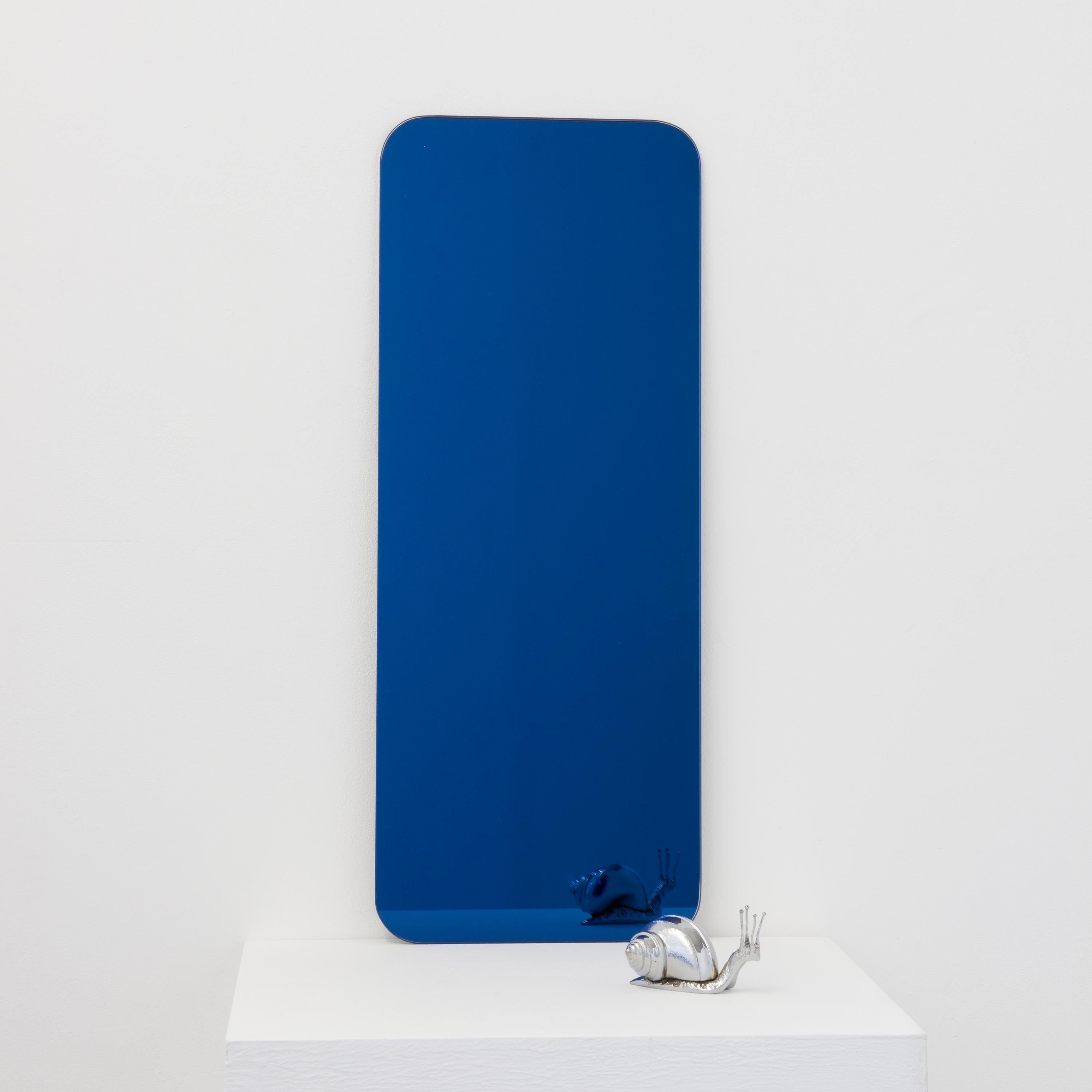 Minimalist Quadris Blue Rectangular Frameless Contemporary Mirror Floating Effect, Small For Sale