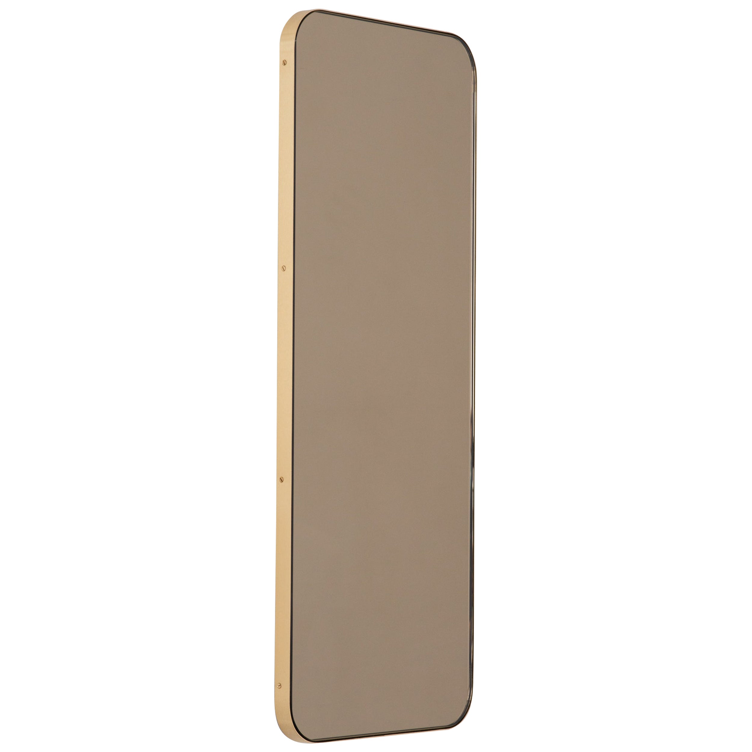 Quadris Bronze Tinted Rectangular Modern Mirror with a Brass Frame, Medium