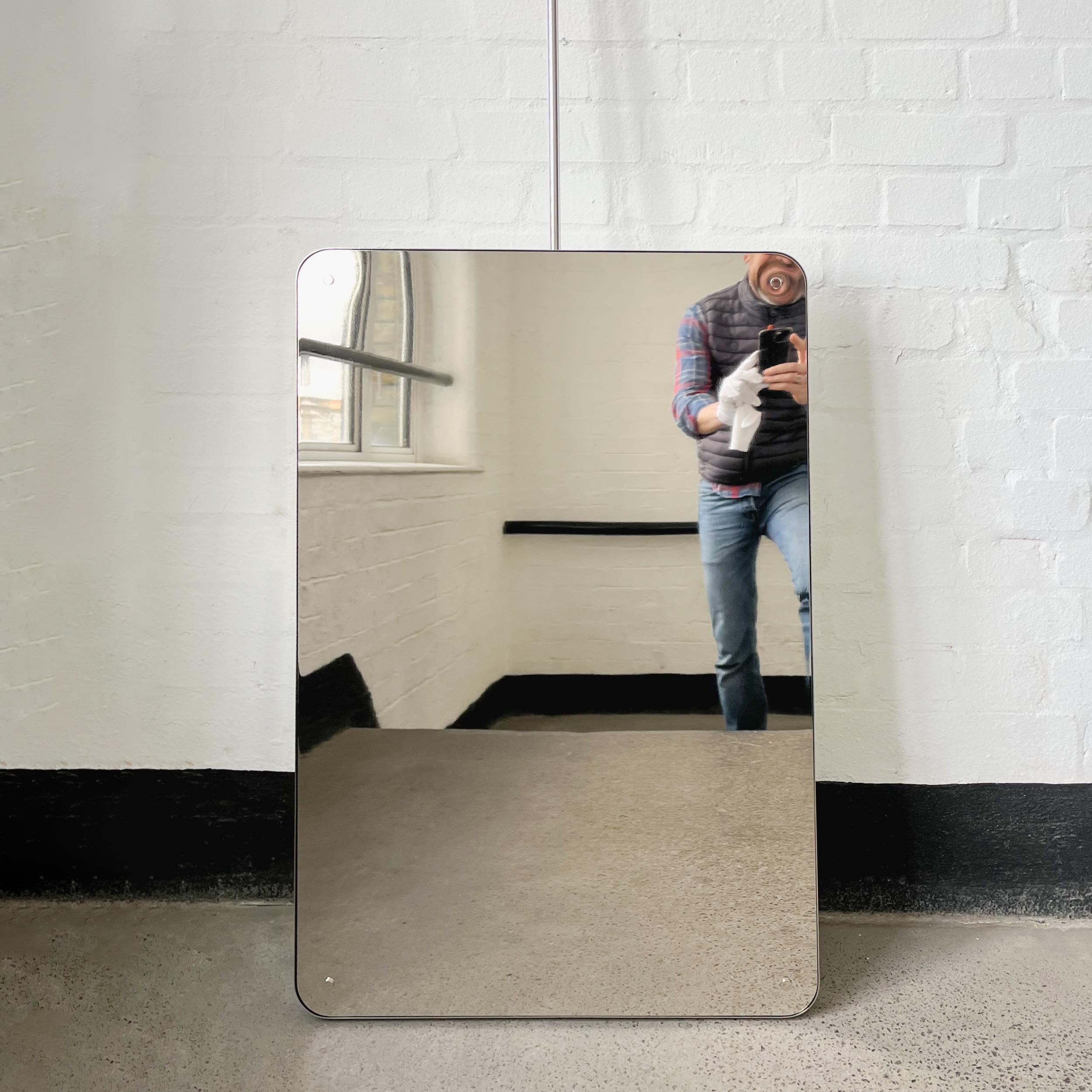British Quadris Ceiling Suspended Rectangular Beveled Mirror, Nickel Plated Frame For Sale
