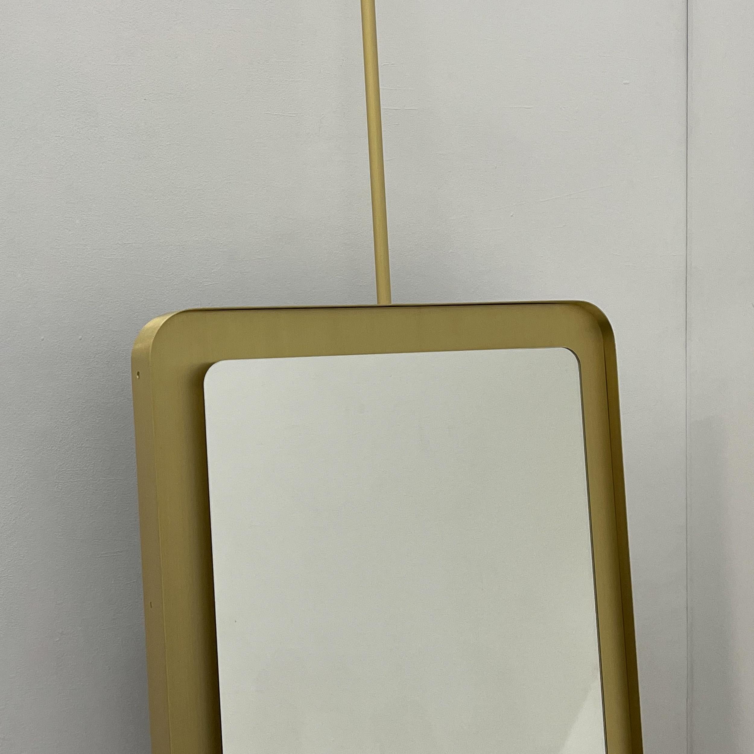Brushed Quadris Ceiling Suspended Rectangular Illuminated Mirror, Solid Brass Tray Frame For Sale