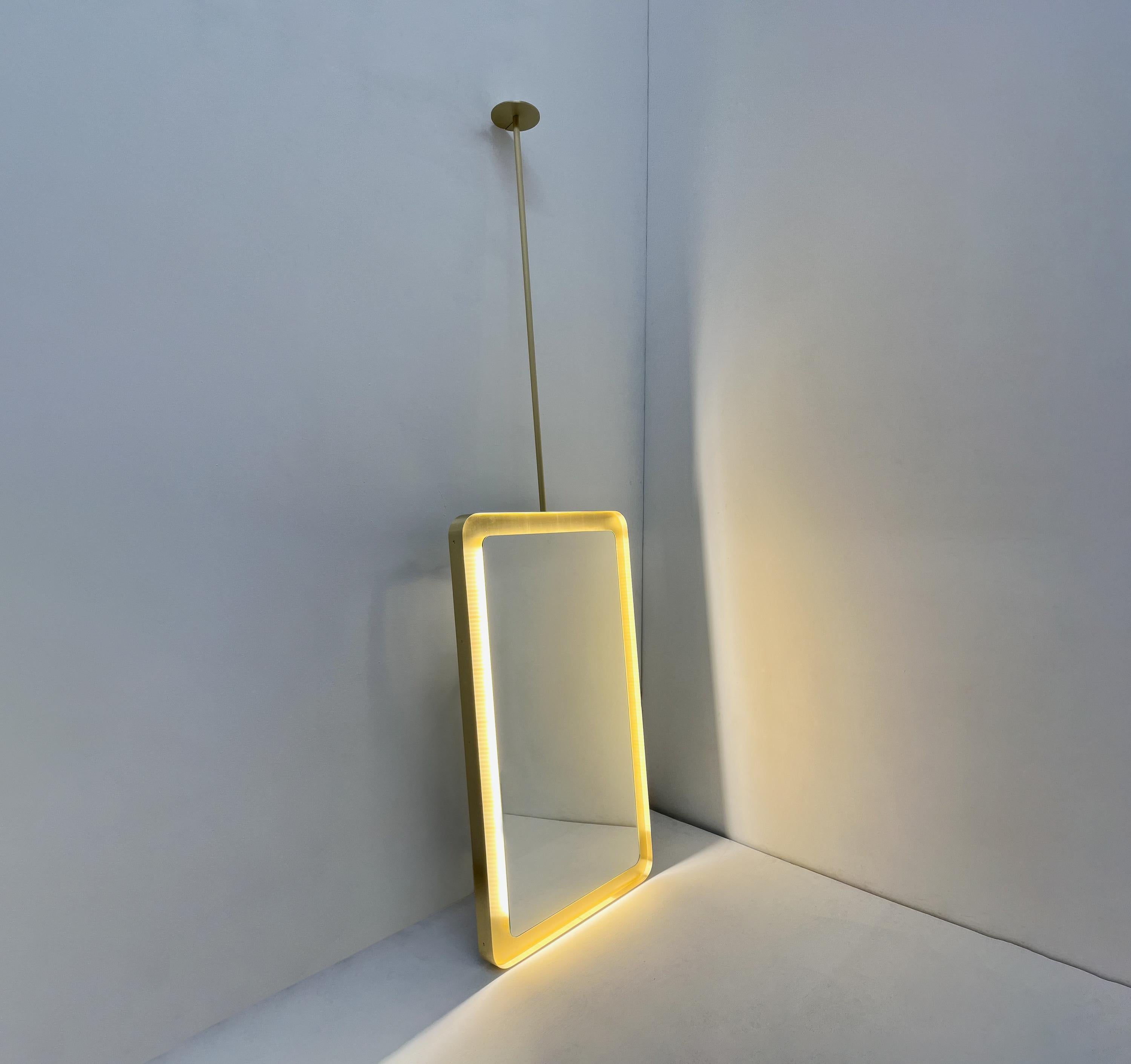 Quadris Ceiling Suspended Rectangular Illuminated Mirror, Solid Brass Tray Frame In New Condition For Sale In London, GB