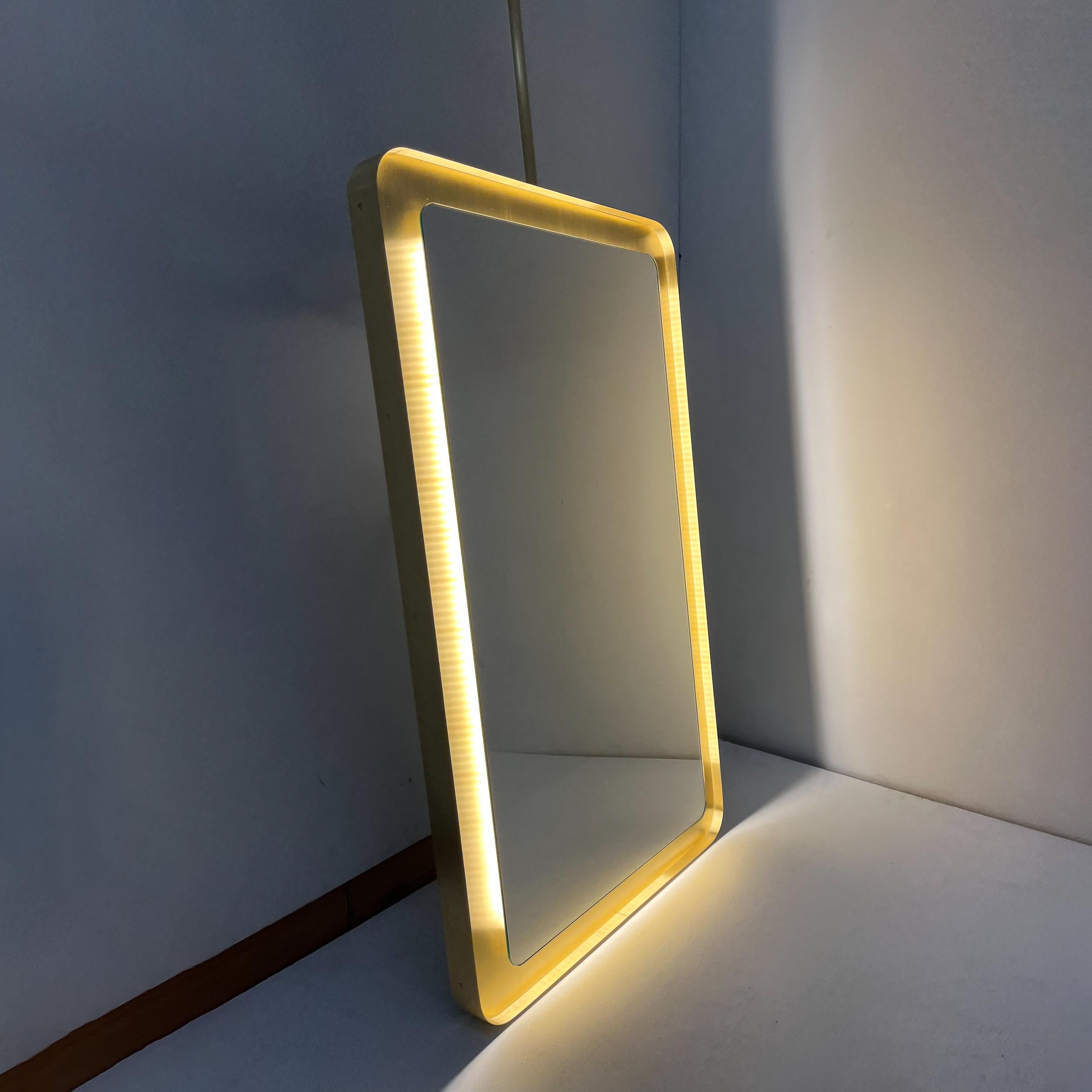 Modern Quadris Ceiling Suspended Rectangular Illuminated Mirror, Solid Brass Tray Frame For Sale
