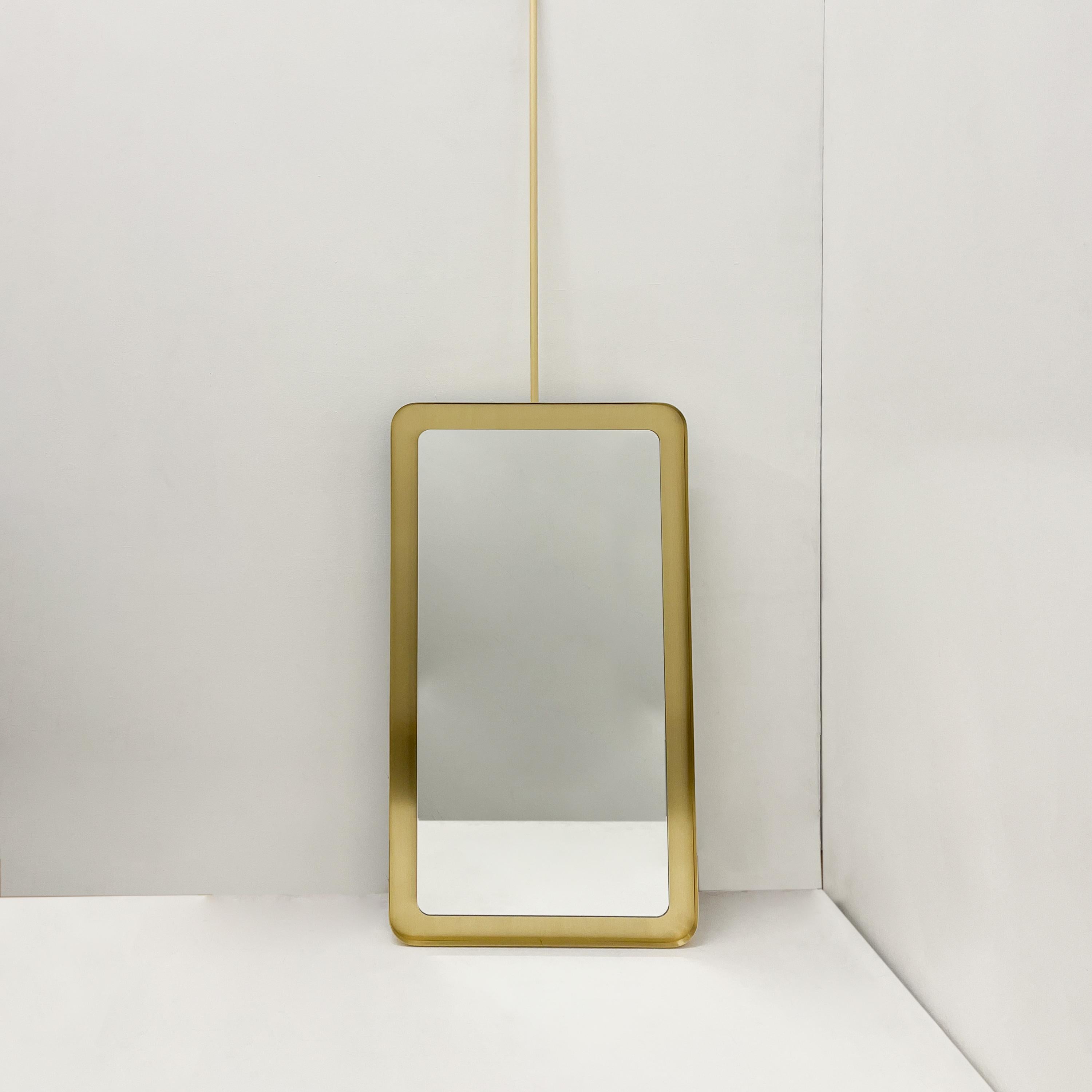 Quadris Ceiling Suspended Rectangular Illuminated Mirror, Solid Brass Tray Frame For Sale 1