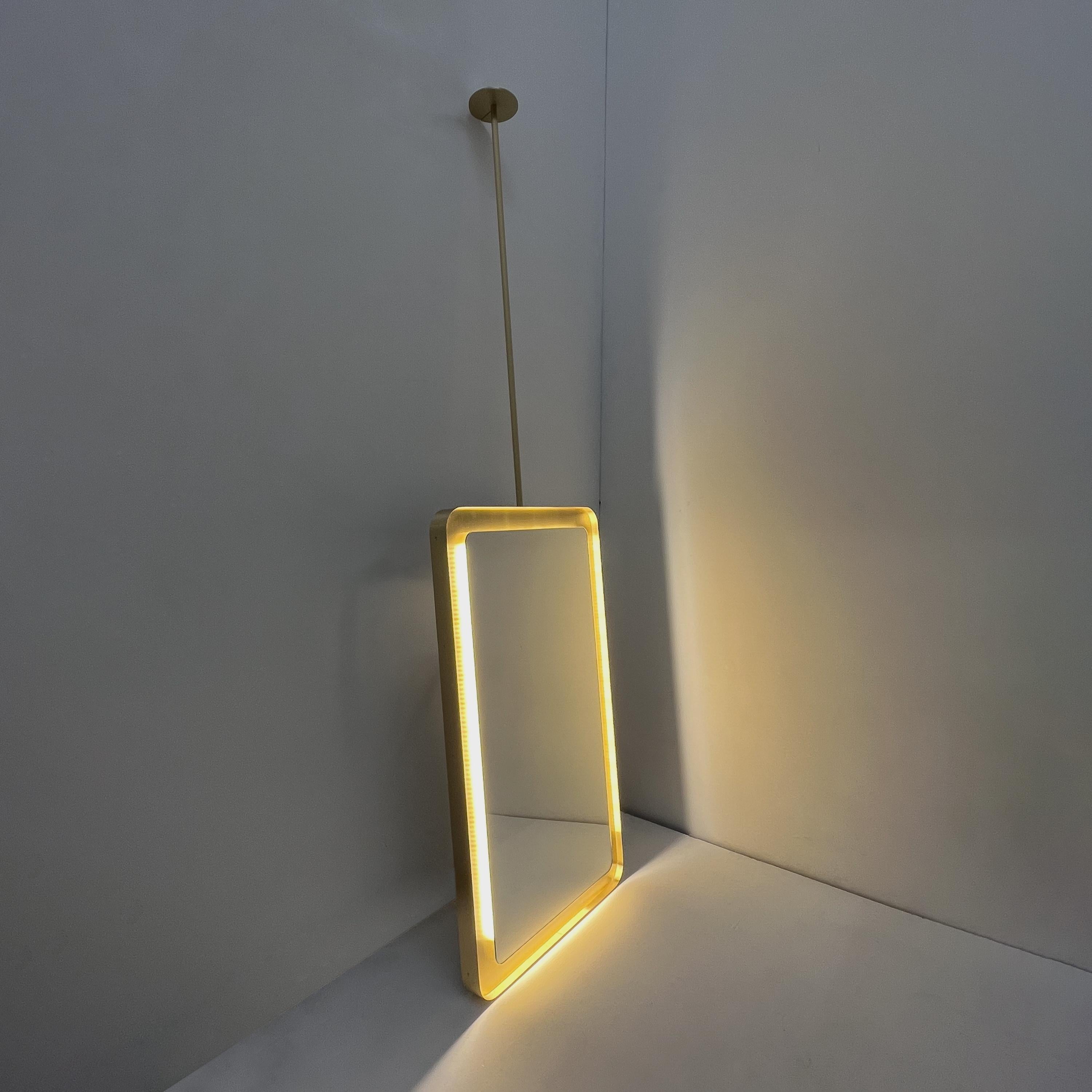 Quadris Ceiling Suspended Rectangular Illuminated Mirror, Solid Brass Tray Frame For Sale 2