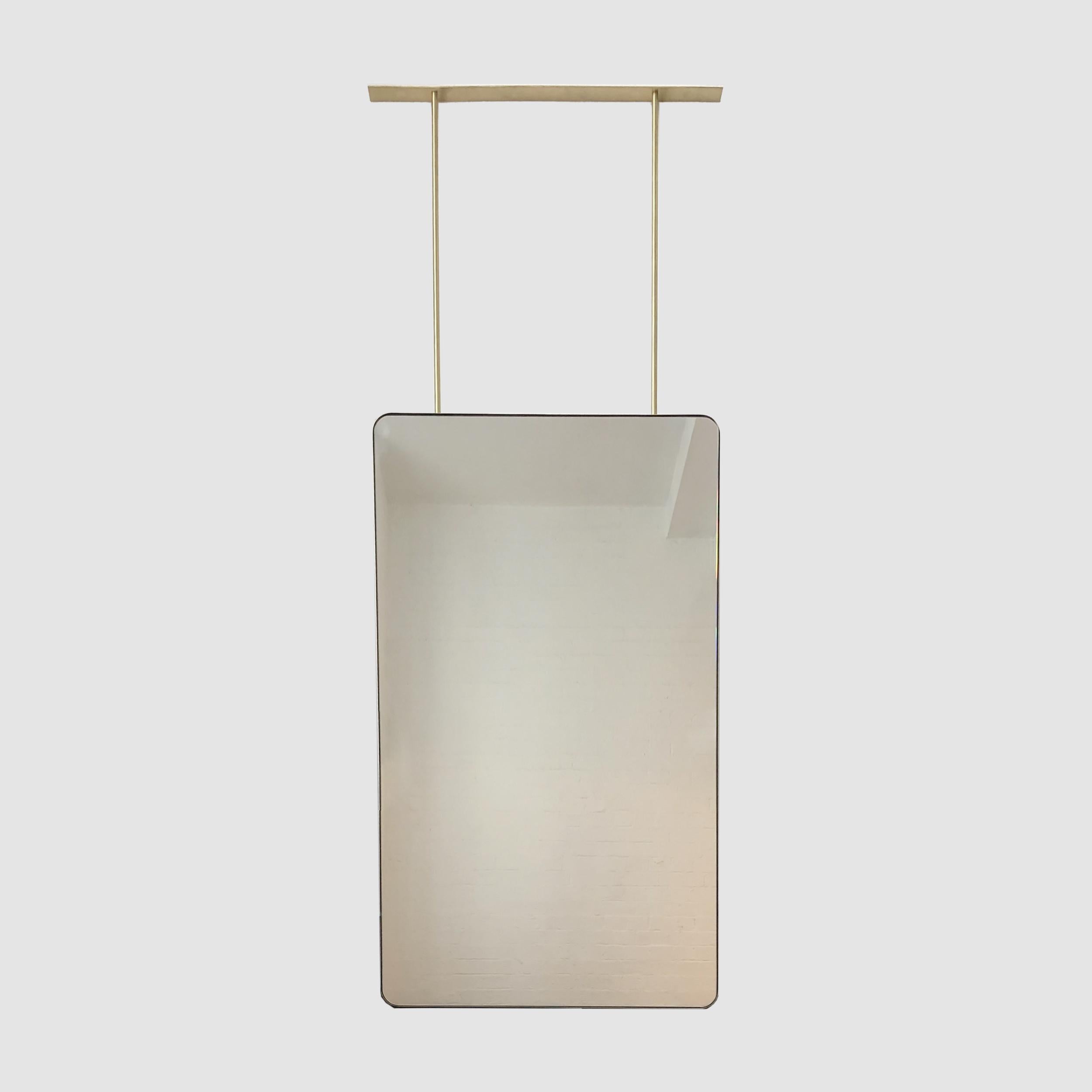 Quadris Ceiling Suspended Rectangular Mirror with Brushed Brass Frame For Sale 2