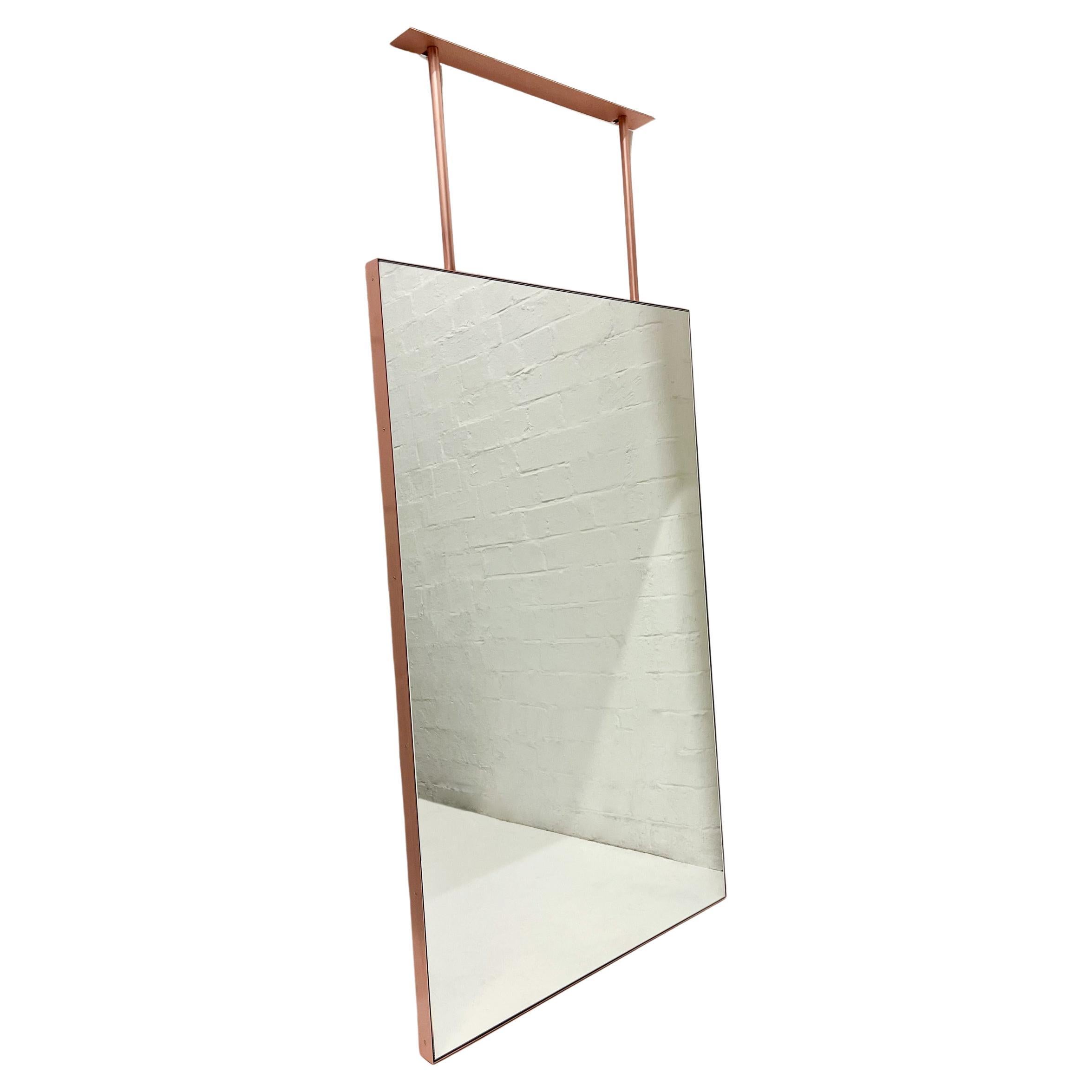 Quadris Ceiling Suspended Rectangular Mirror with Brushed Copper Frame For Sale
