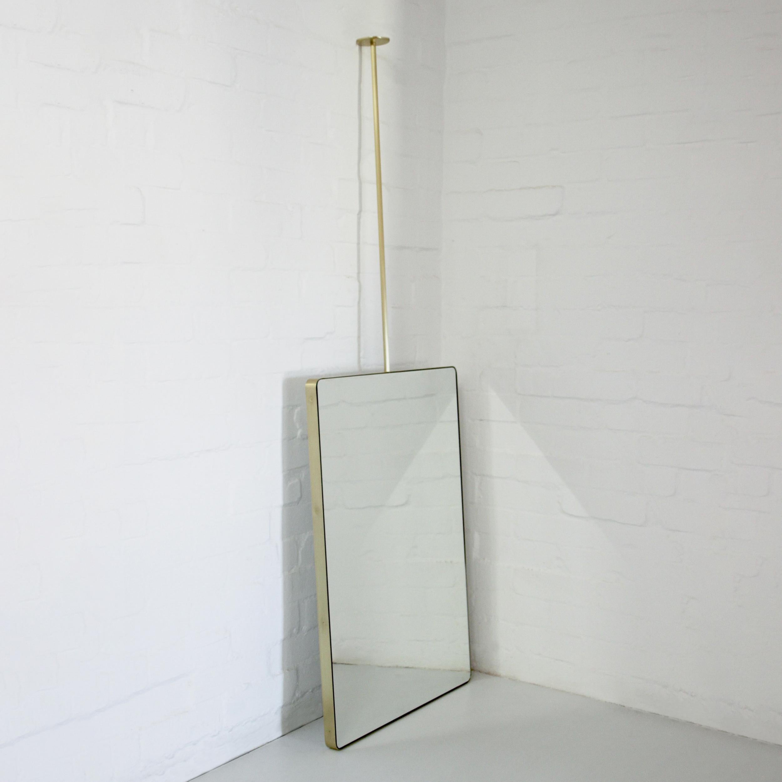 British Quadris Ceiling Suspended Rectangular Modern Bathroom Mirror with Brass Frame For Sale